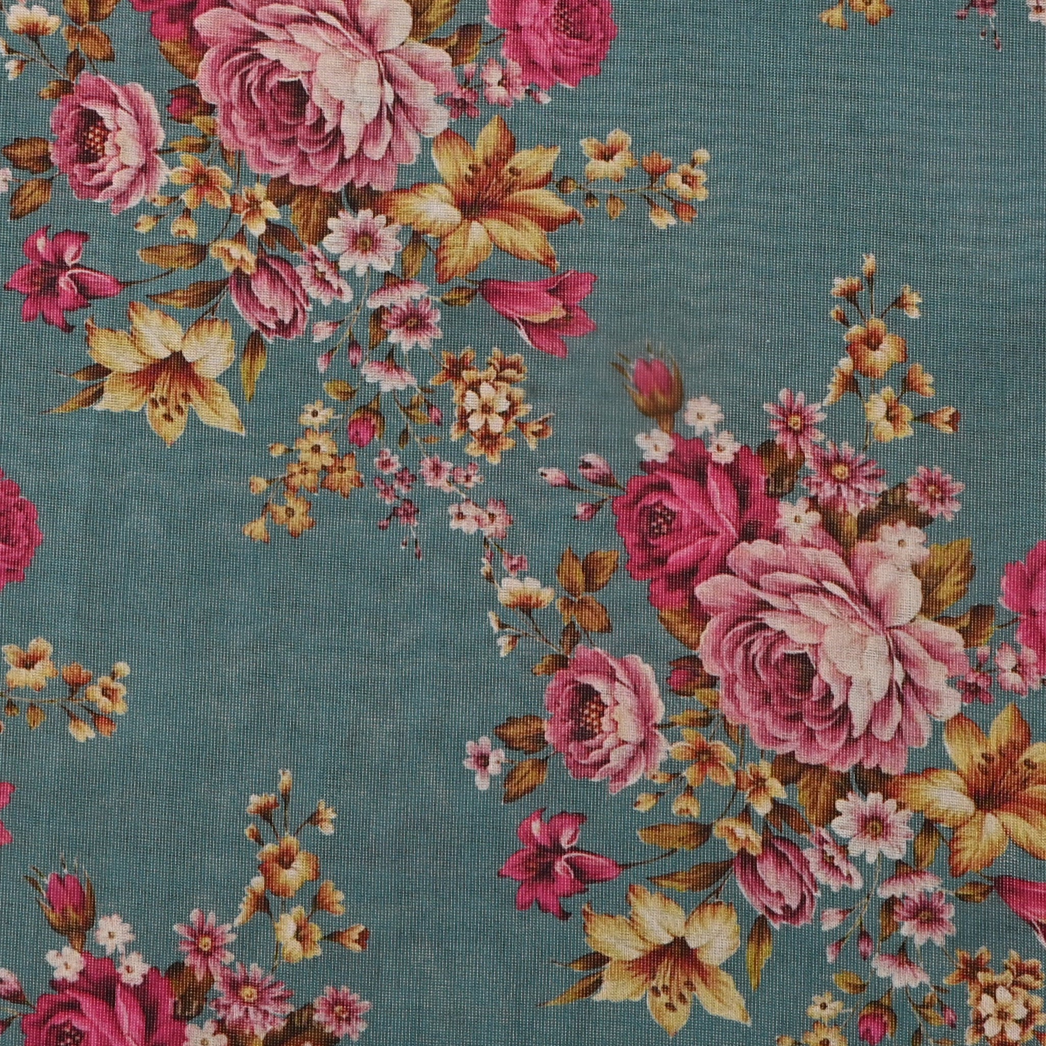 Cadet Blue Tissue Fabric With Floral Prints