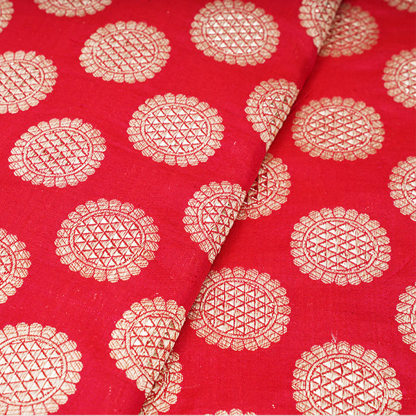 Crimson Red Banarasi Brocade Silk Handloom Fabric With Floral Buttis