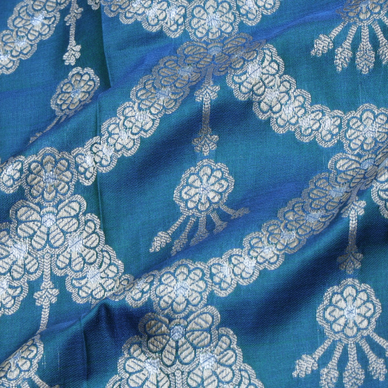 Steel Blue Jamawar Floral Pattern Silk Fabric