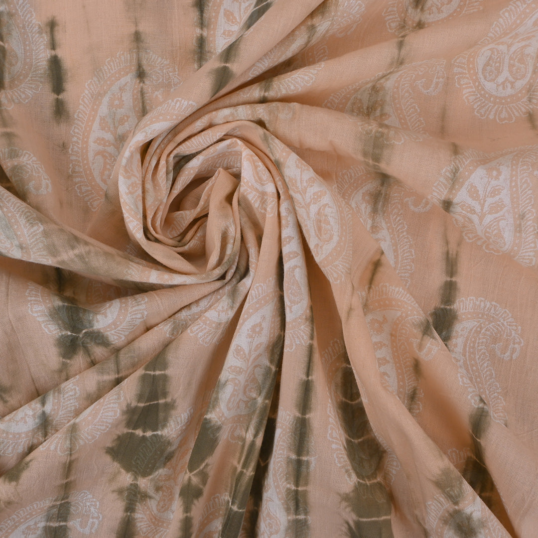 Pastel Peach Tie-Dye Cotton Fabric With Paisley Print