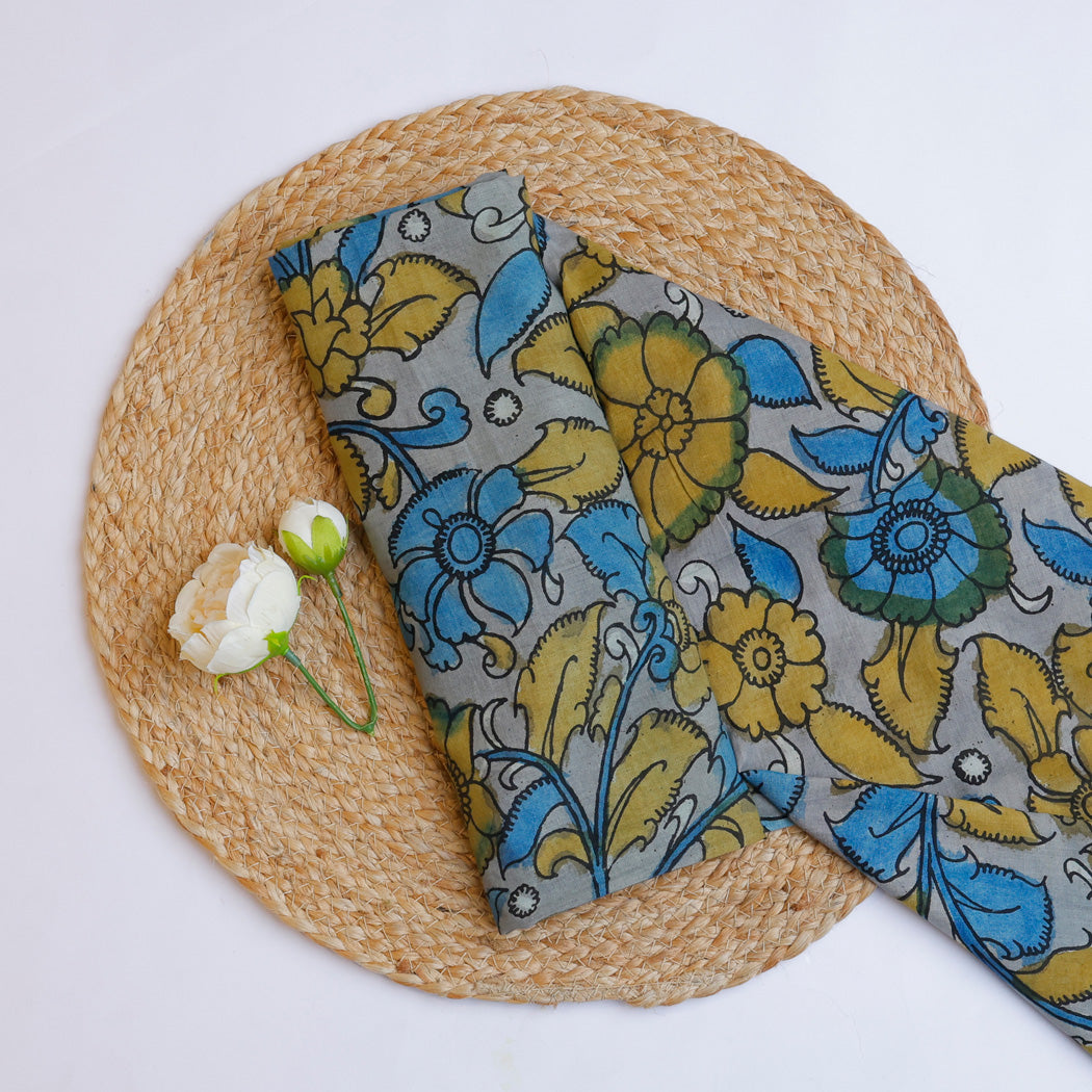 Powder Blue Floral Printed Dupion Silk Fabric