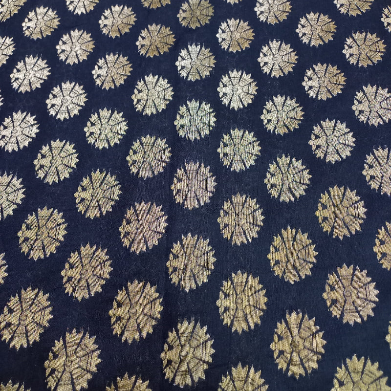Dark Sapphire Blue Jamawar Silk Fabric With Floral Buttis