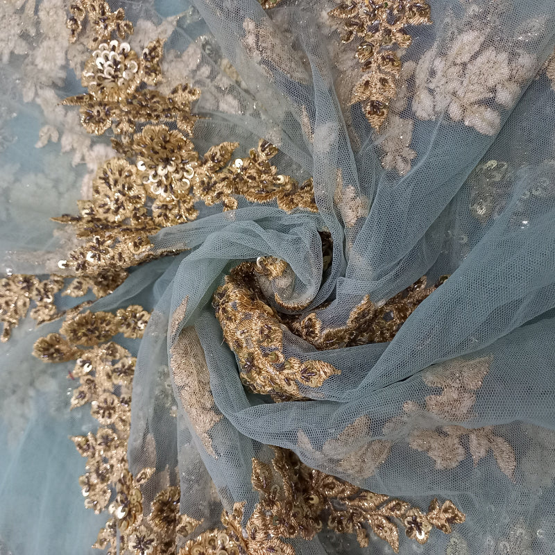 Baby Blue Net Fabric With Sequence And Thread Embroidery