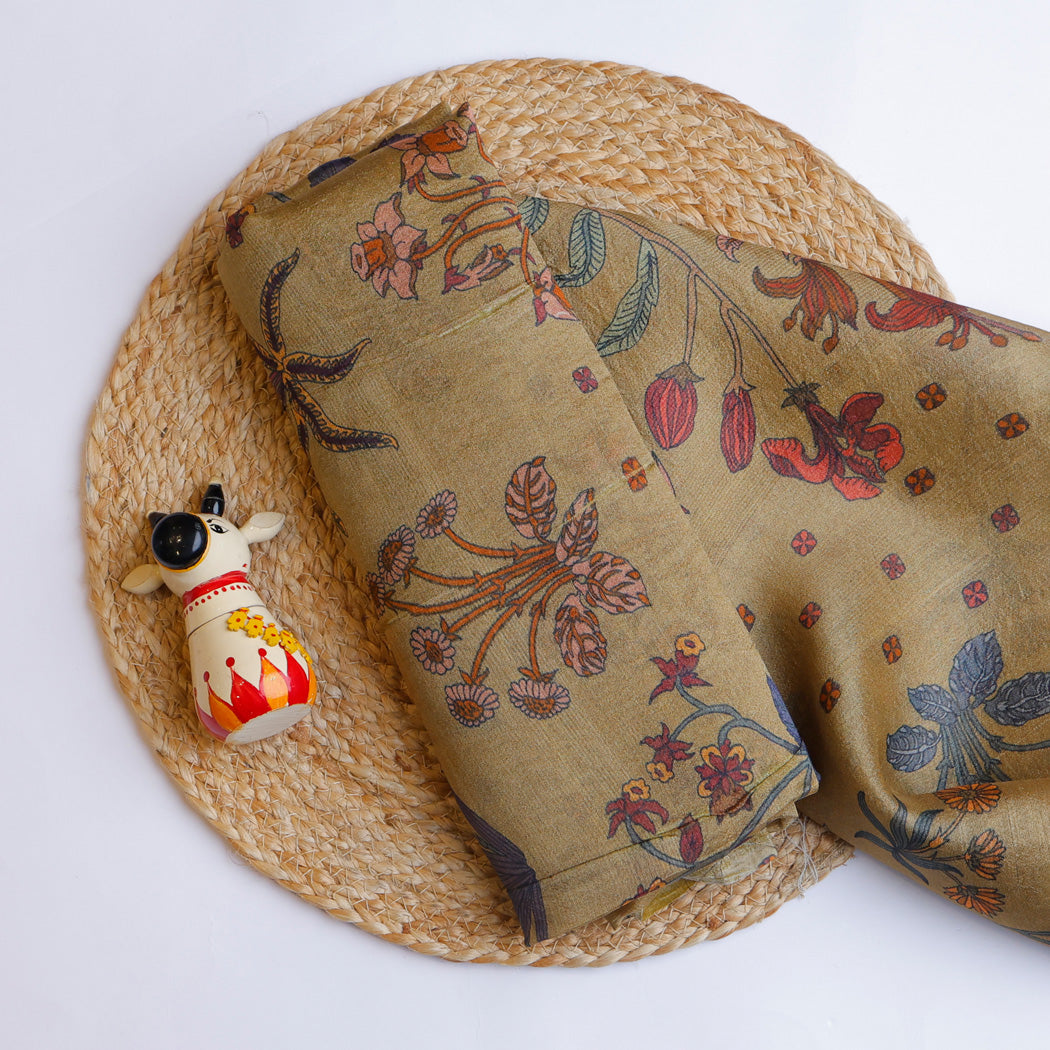 Pastel Brown Floral Printed Organza Tussar Fabric