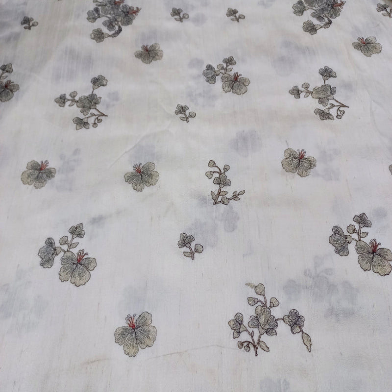 Chalk White Dyeable Dupion Silk Fabric With Floral Embroidery