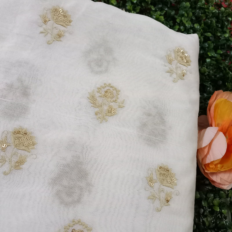 White Chanderi Fabric With Sequence And Thread Embroidery