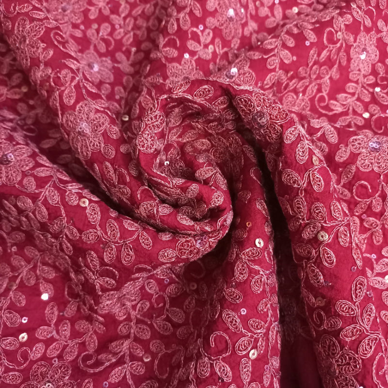 Vibrant Red Colour Dupion Silk Embroidered And Sequined Fabric