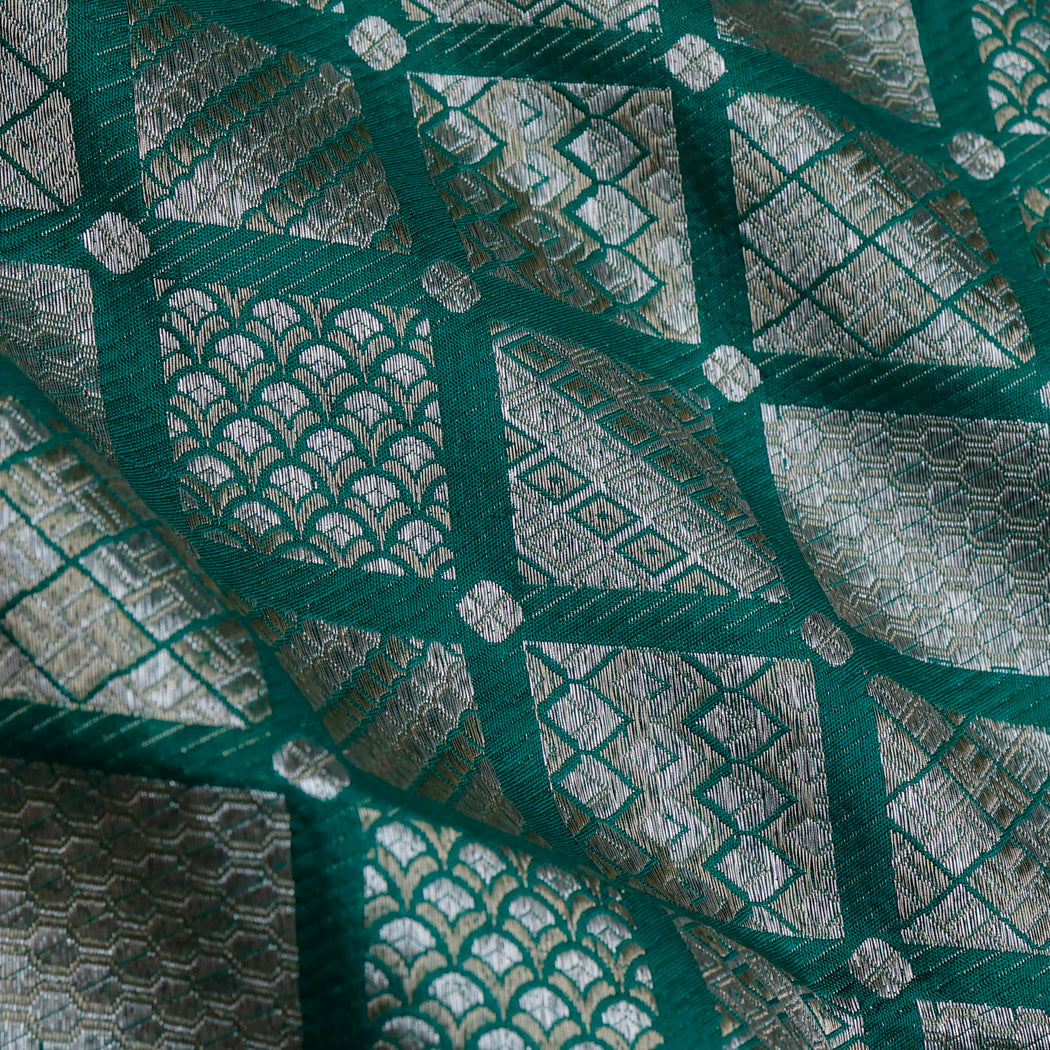 Teal Green Silk Fabric With Checks Pattern