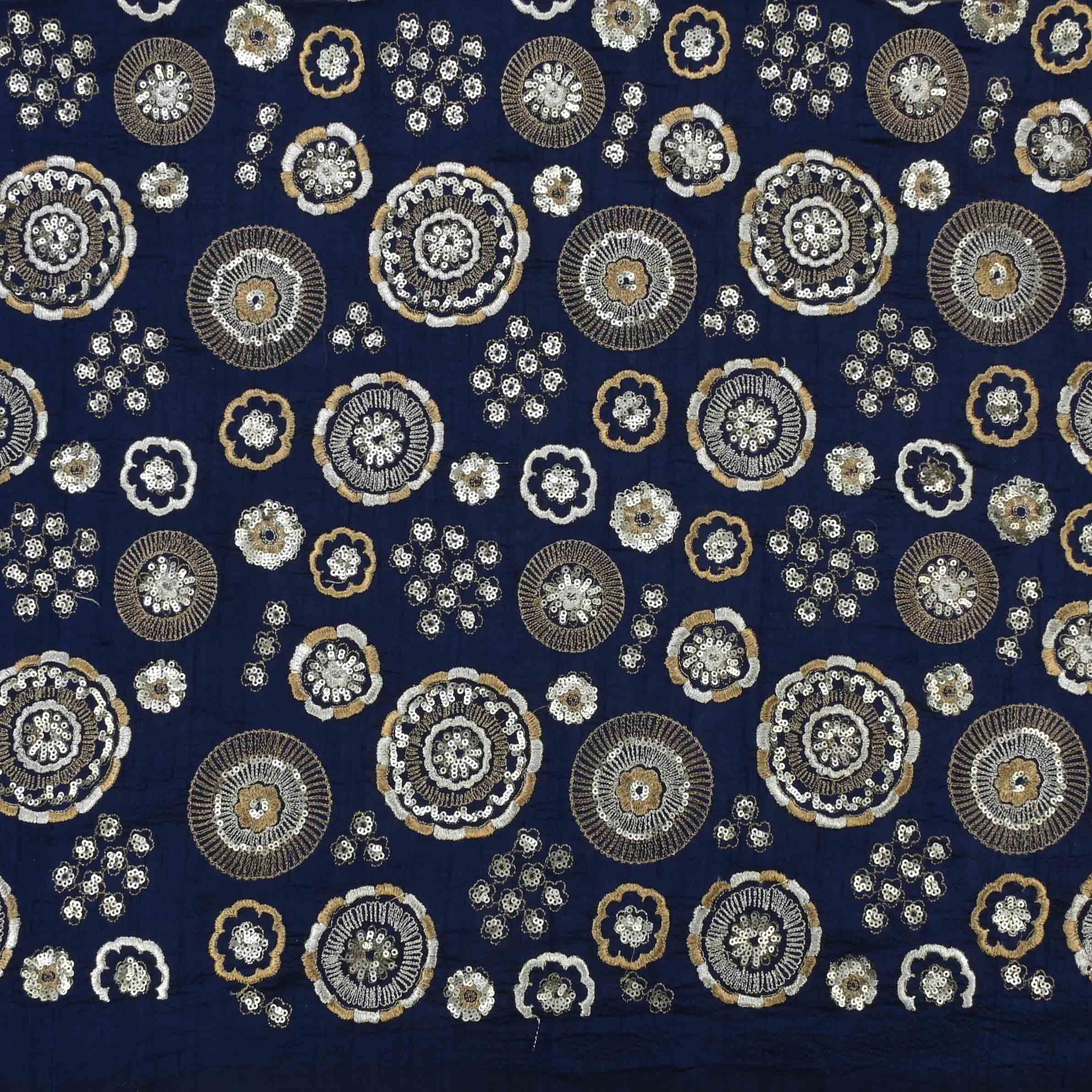 Navy Blue Raw Silk Embroidery Fabric
