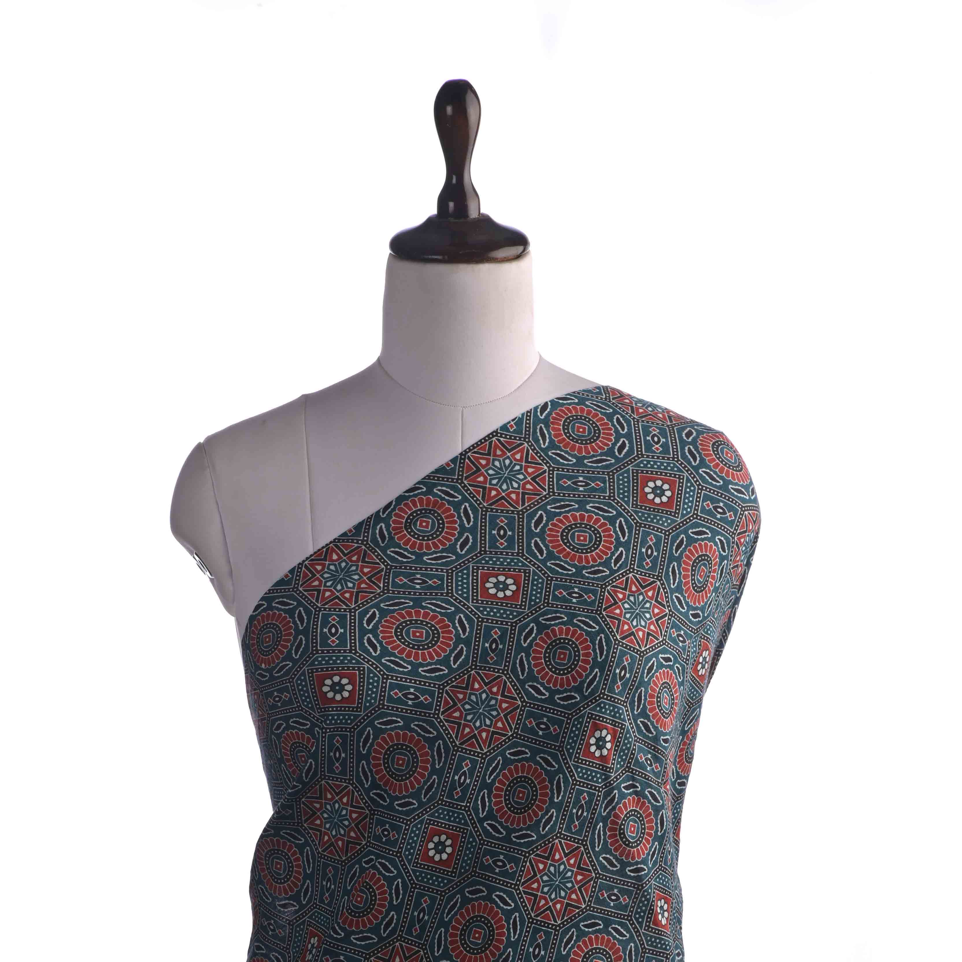 Blue Sapphire Printed Linen Fabric With Ajrak Pattern