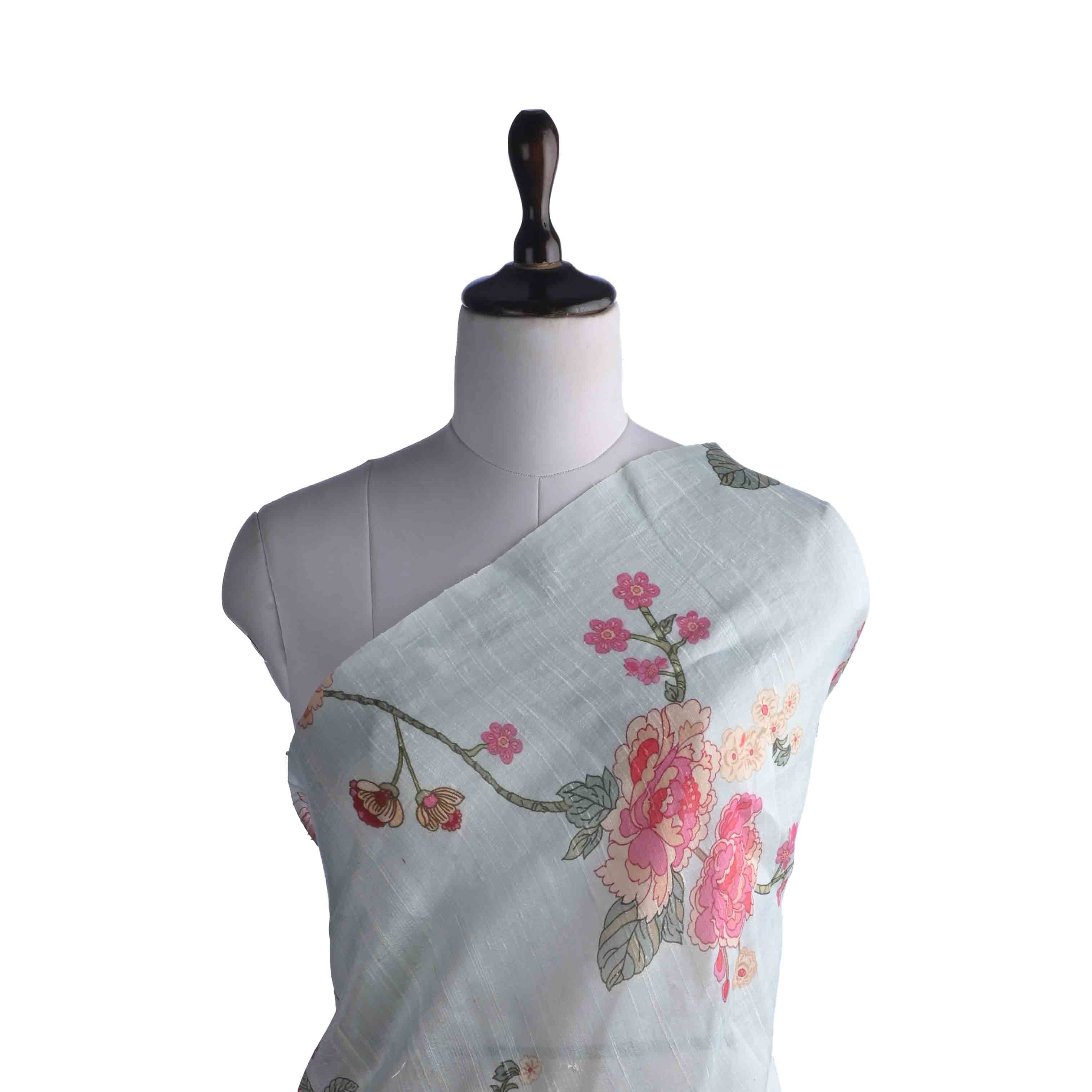 Pastel Sky Blue Printed Raw Silk Fabric