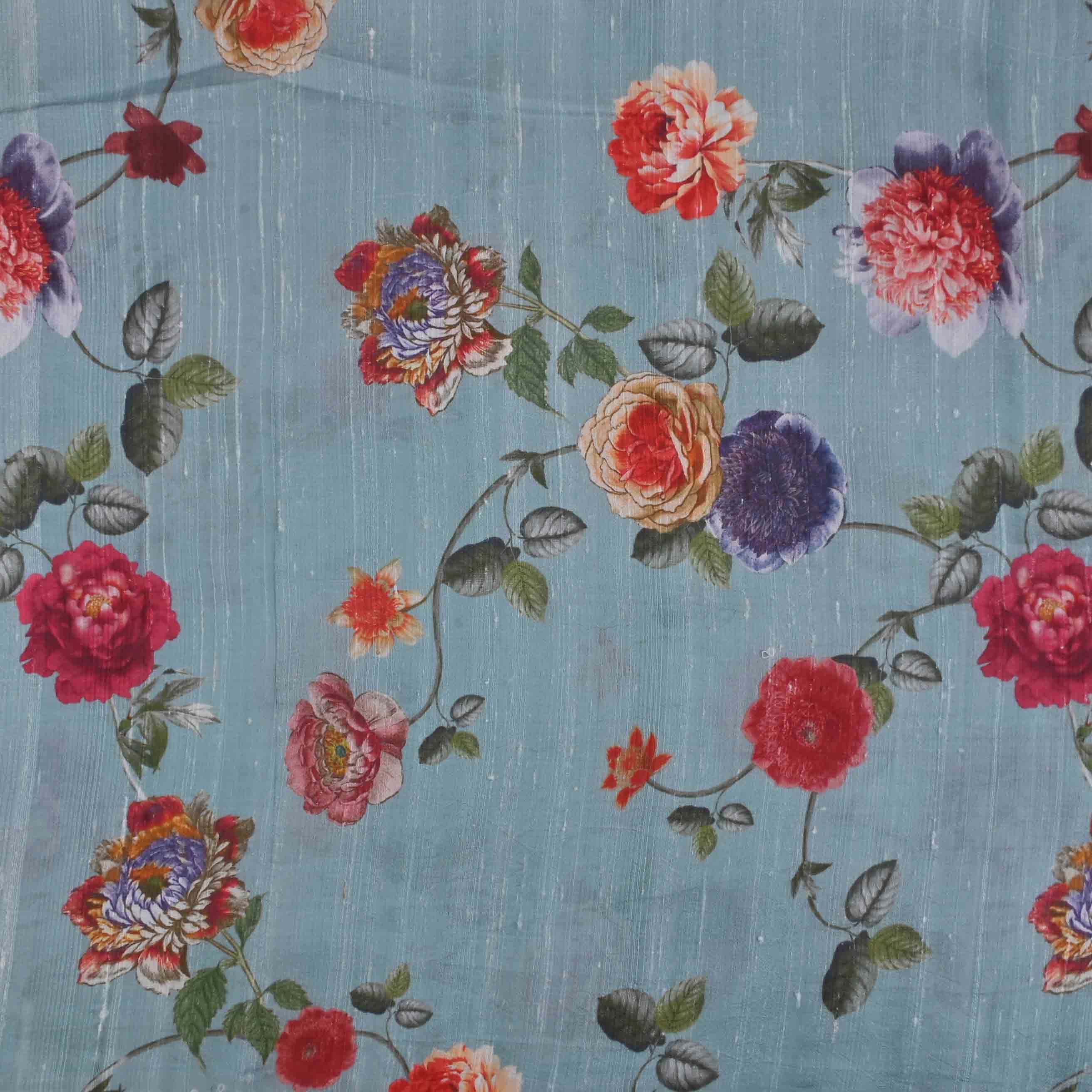 Sky Blue Floral Printed Raw Silk Fabric