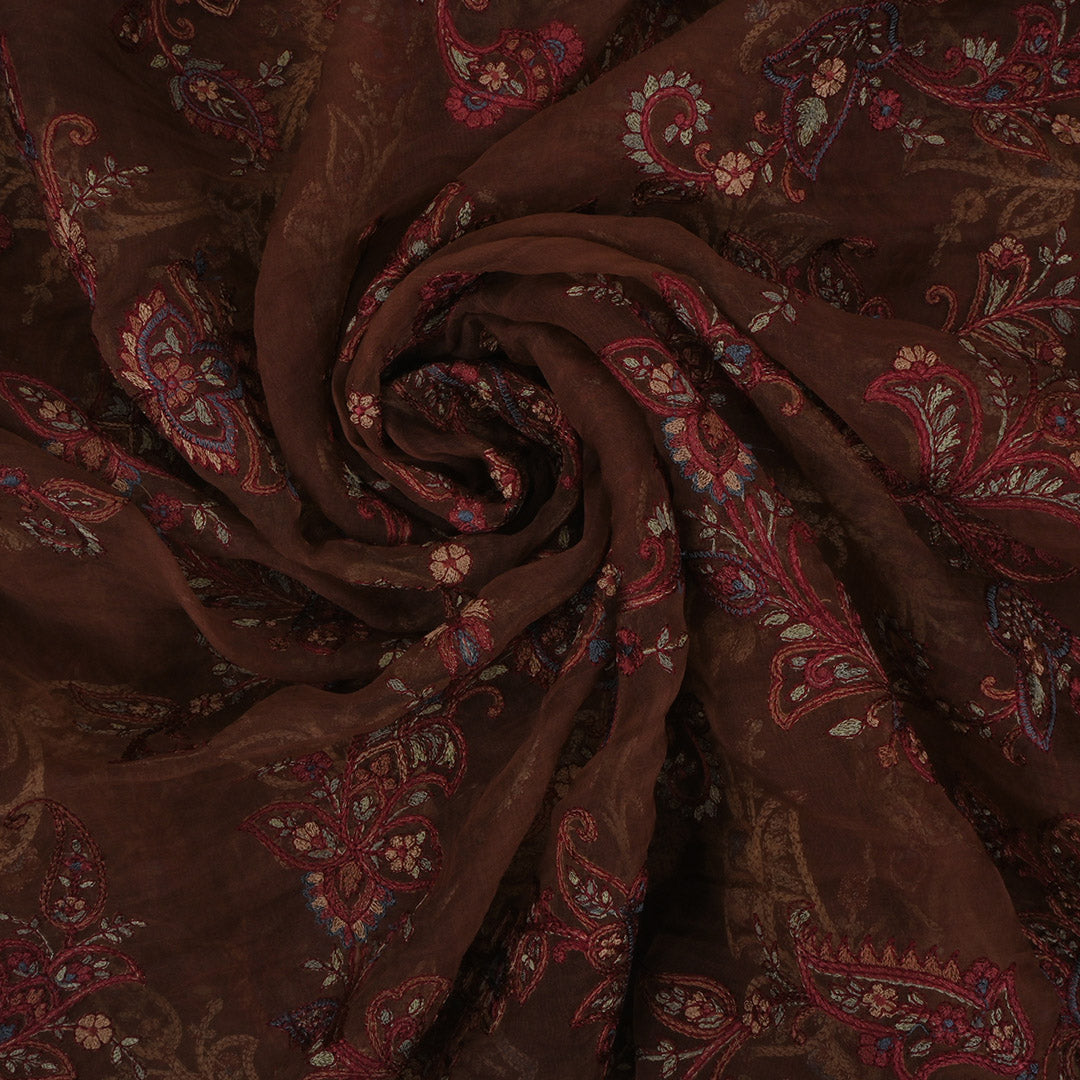 Rust Brown Thread Work Embroidery Organza Fabric