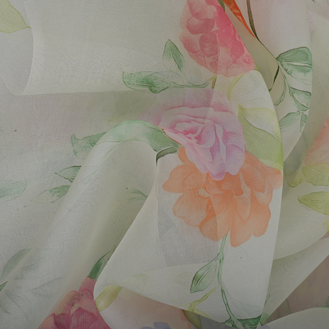 Alabaster White Floral Printed Organza Fabric