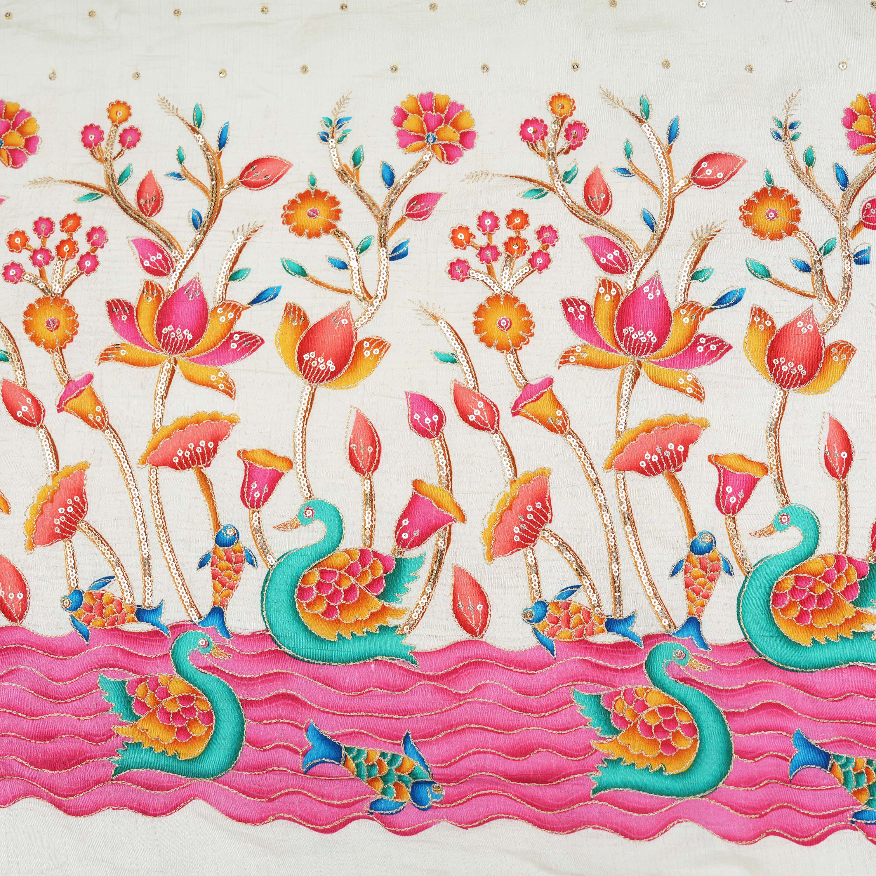 Milk White Colorful Jal Char Motifs Embroidered Silk Fabric