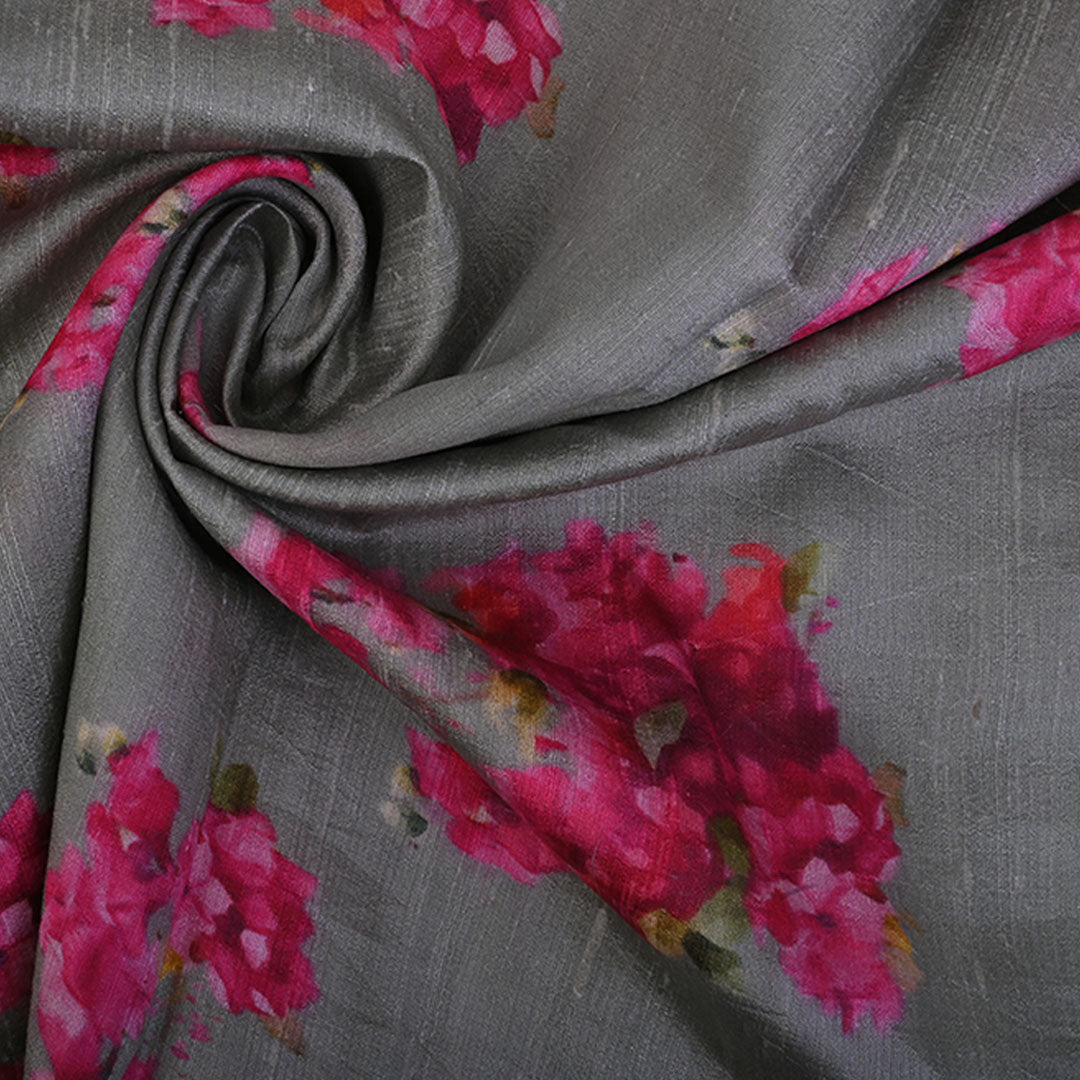 Gray Floral Printed Raw Silk Fabric