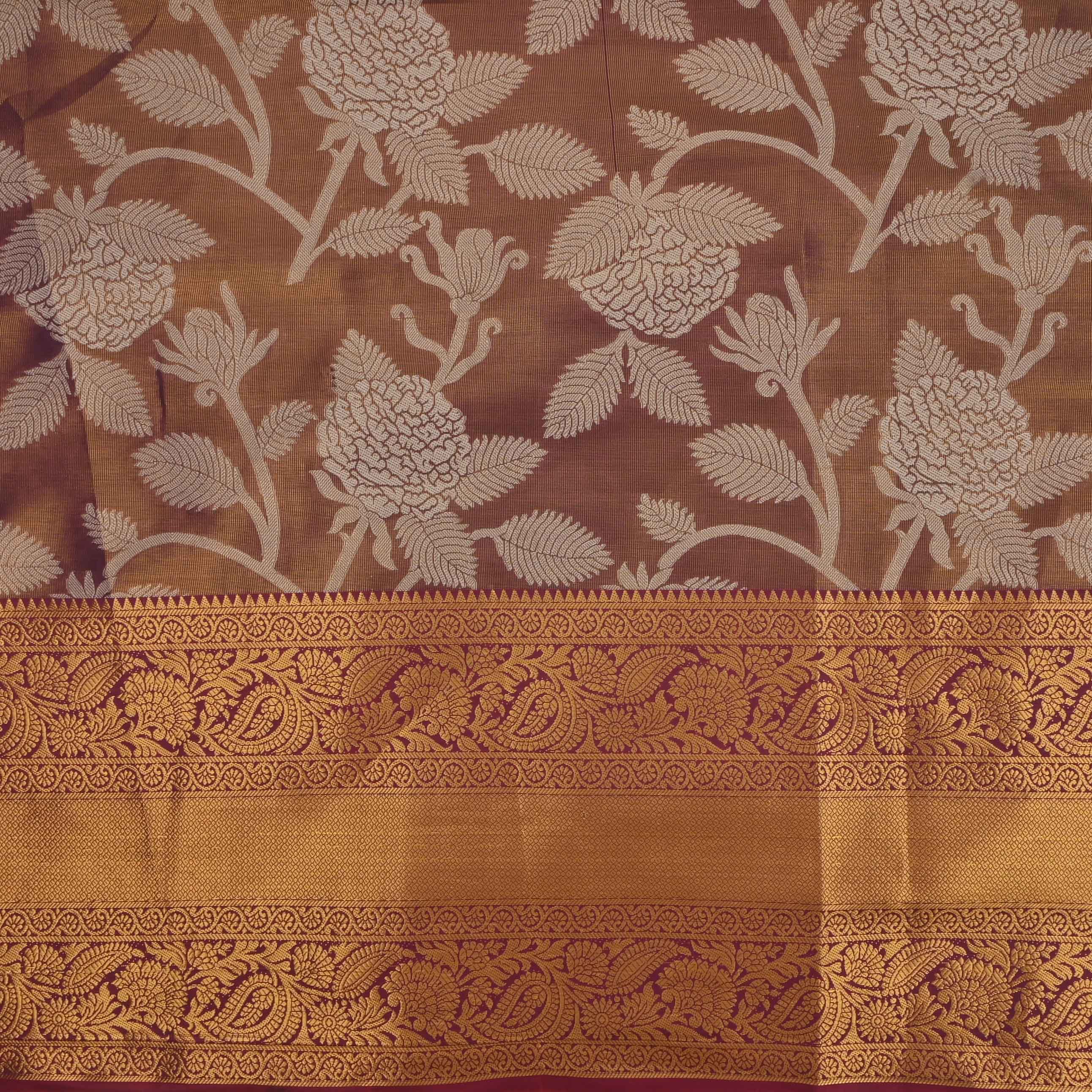Ash Brown Kanchi Tissue Floral Fabric