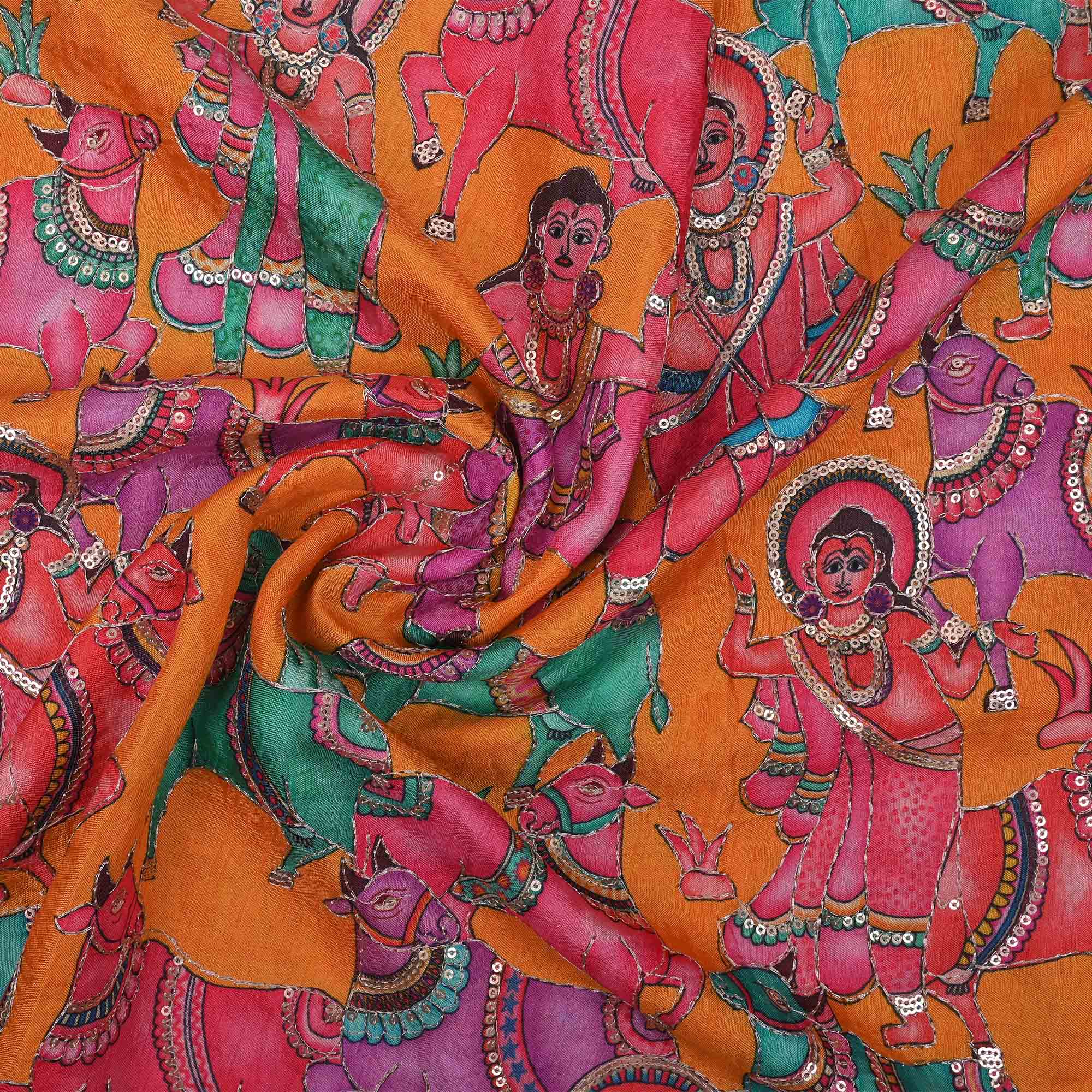 Yellow-Orange Printed Pichwai Raw Silk Fabric With Embroidery