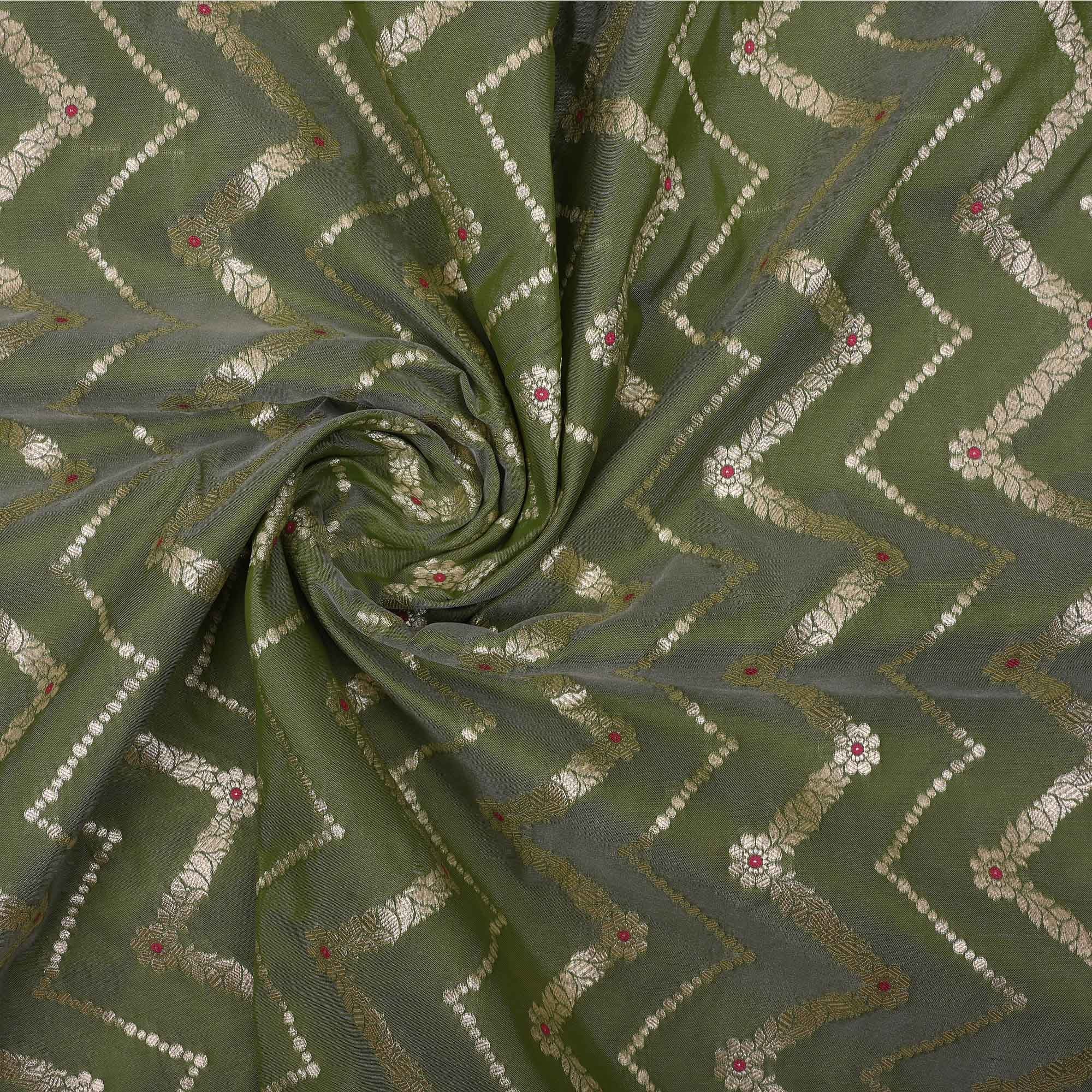 Olive Green Meenakari Banarasi Fabric With Chevron Pattern