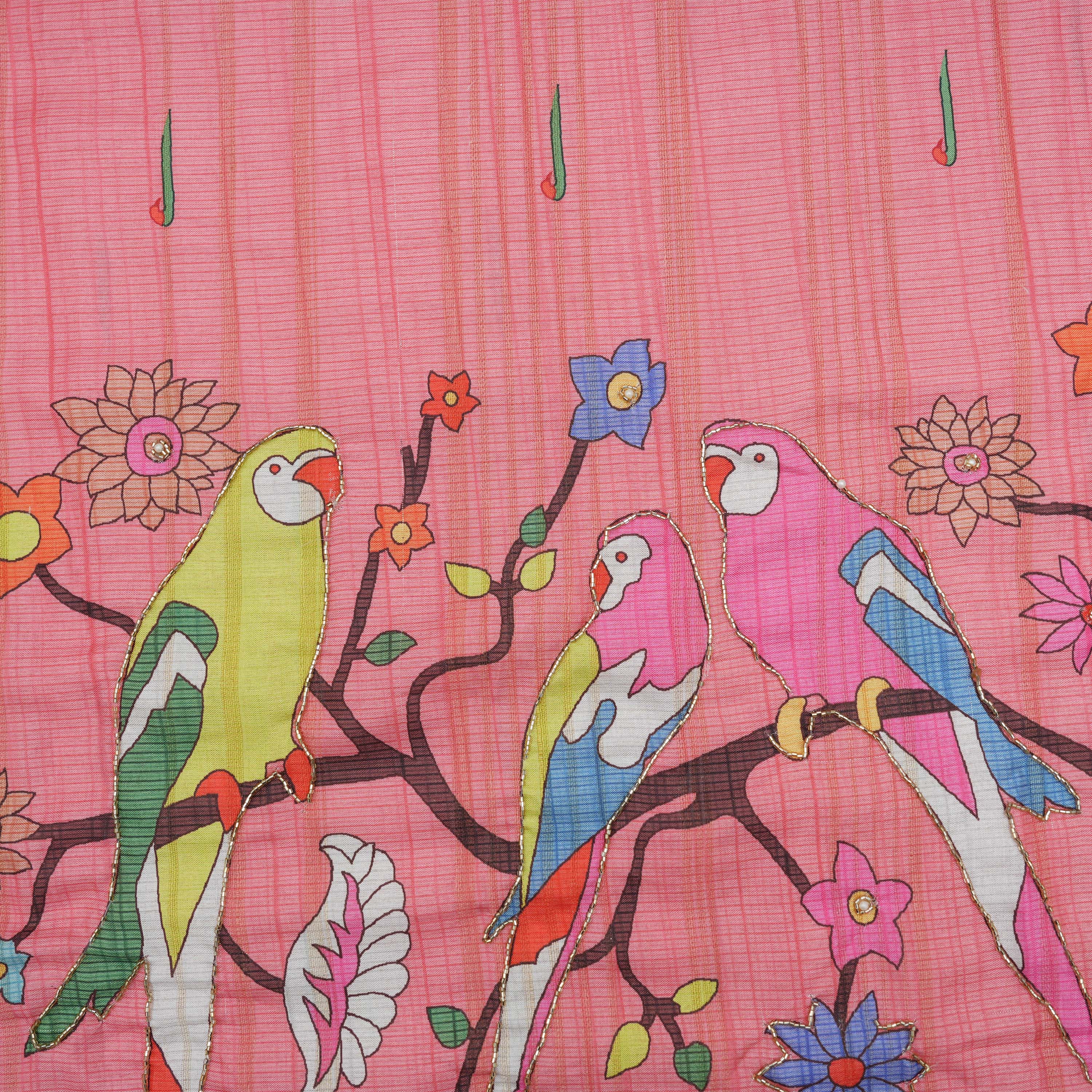 Salmon Pink Paithani Kili Border Dupion Raw Silk Fabric