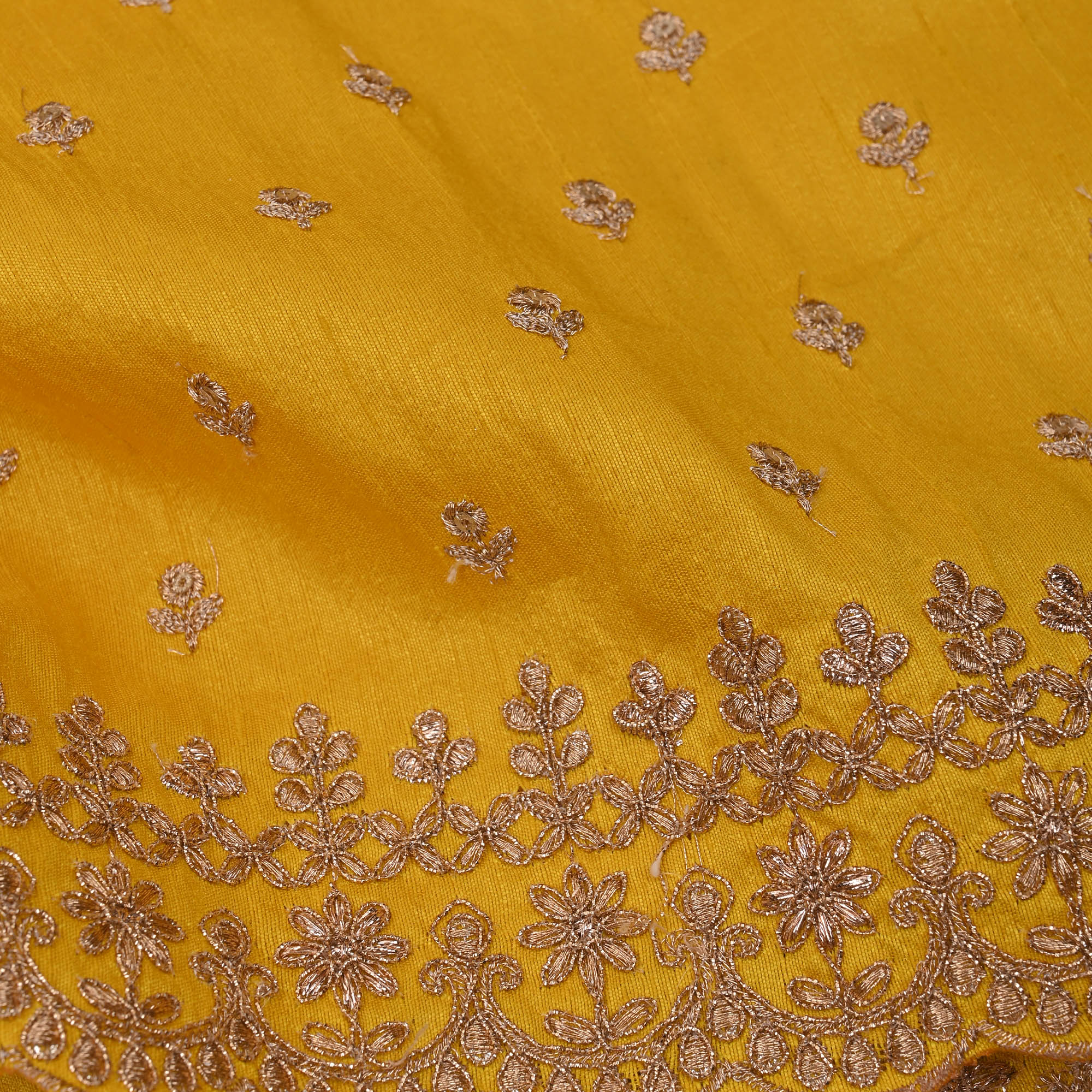 Saffron Yellow Embroidered Raw Silk Fabric