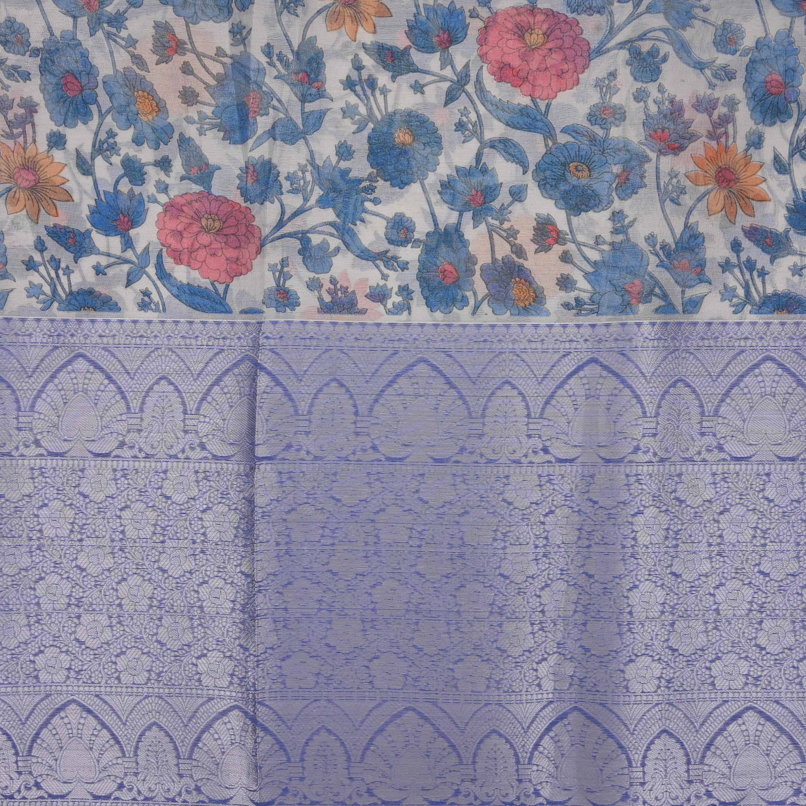 Blue White Printed Floral Tissue Fabric