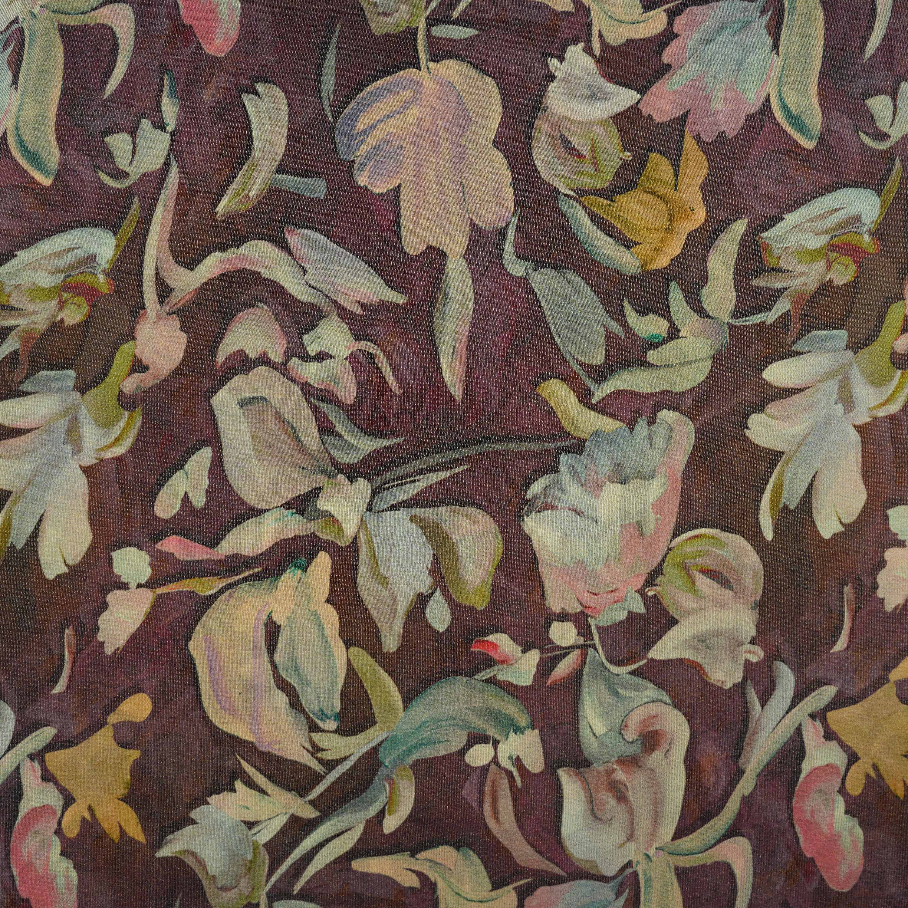 Purplish Brown Printed Multicolor Floral Tissue Fabric
