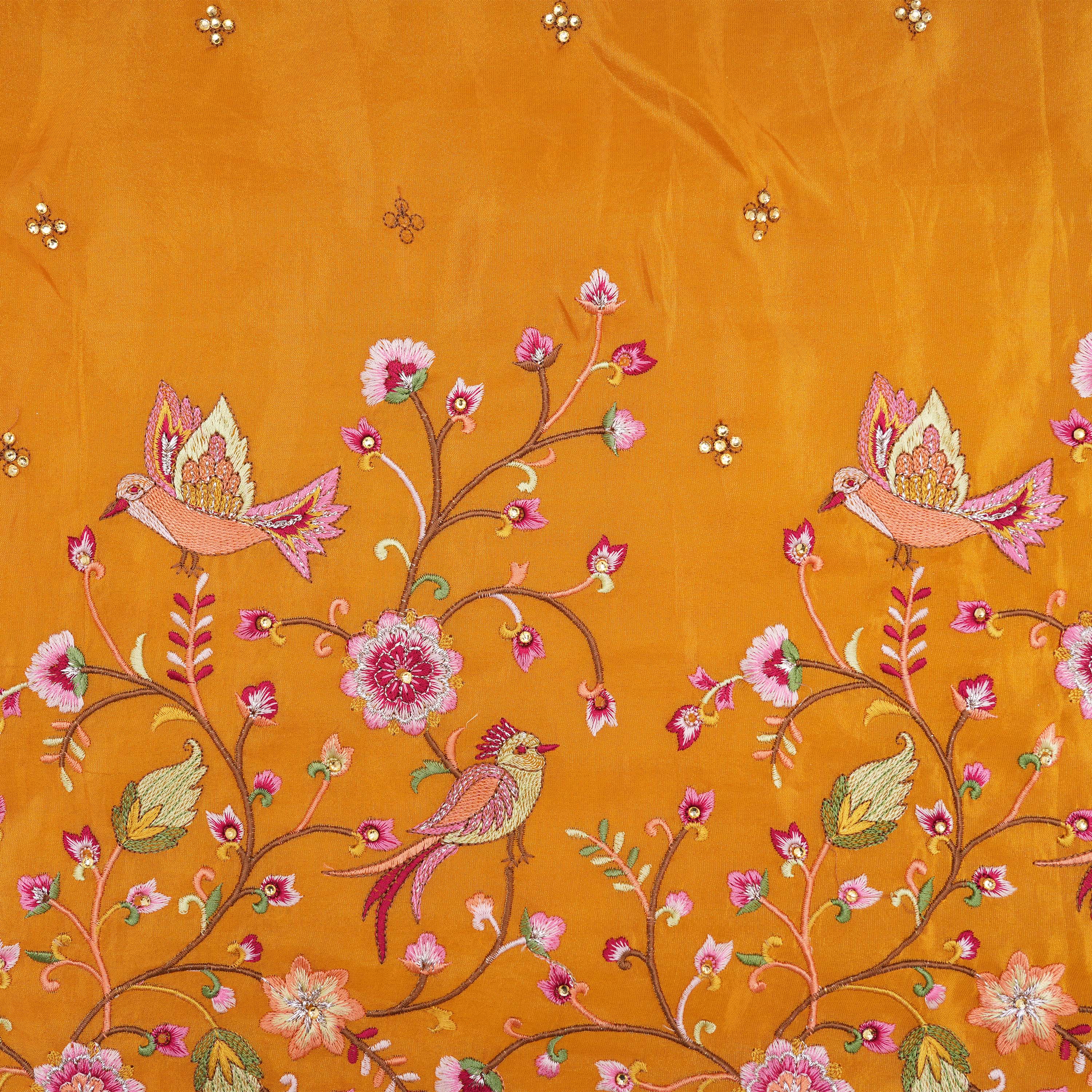 Yellowish Orange Floral Jaal Tissue Fabric