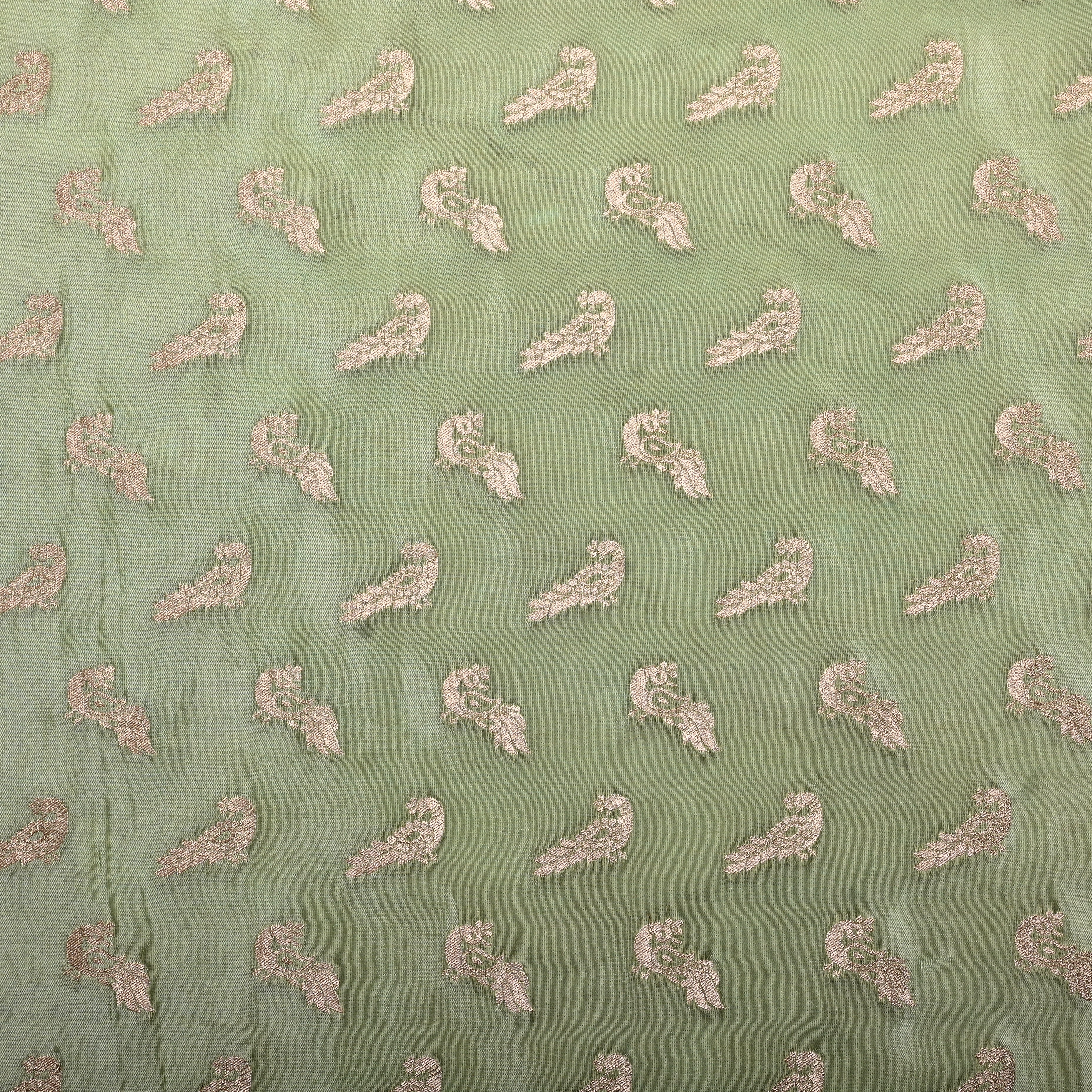 Mint Green Jamawar Tissue Fabric With Avian Weaving