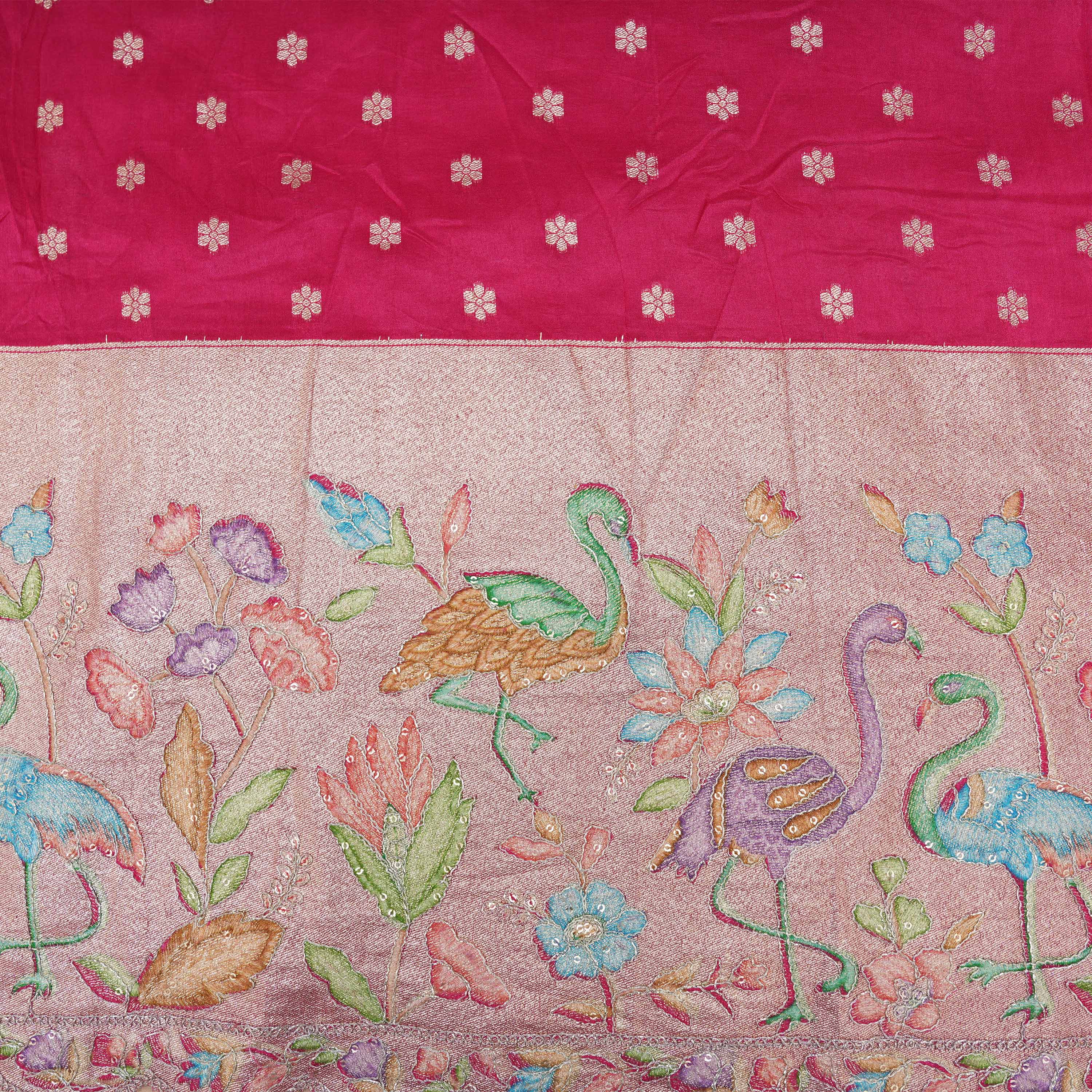 Bright Maroon Pink Jamawar Silk With Surkhaav Motif Border