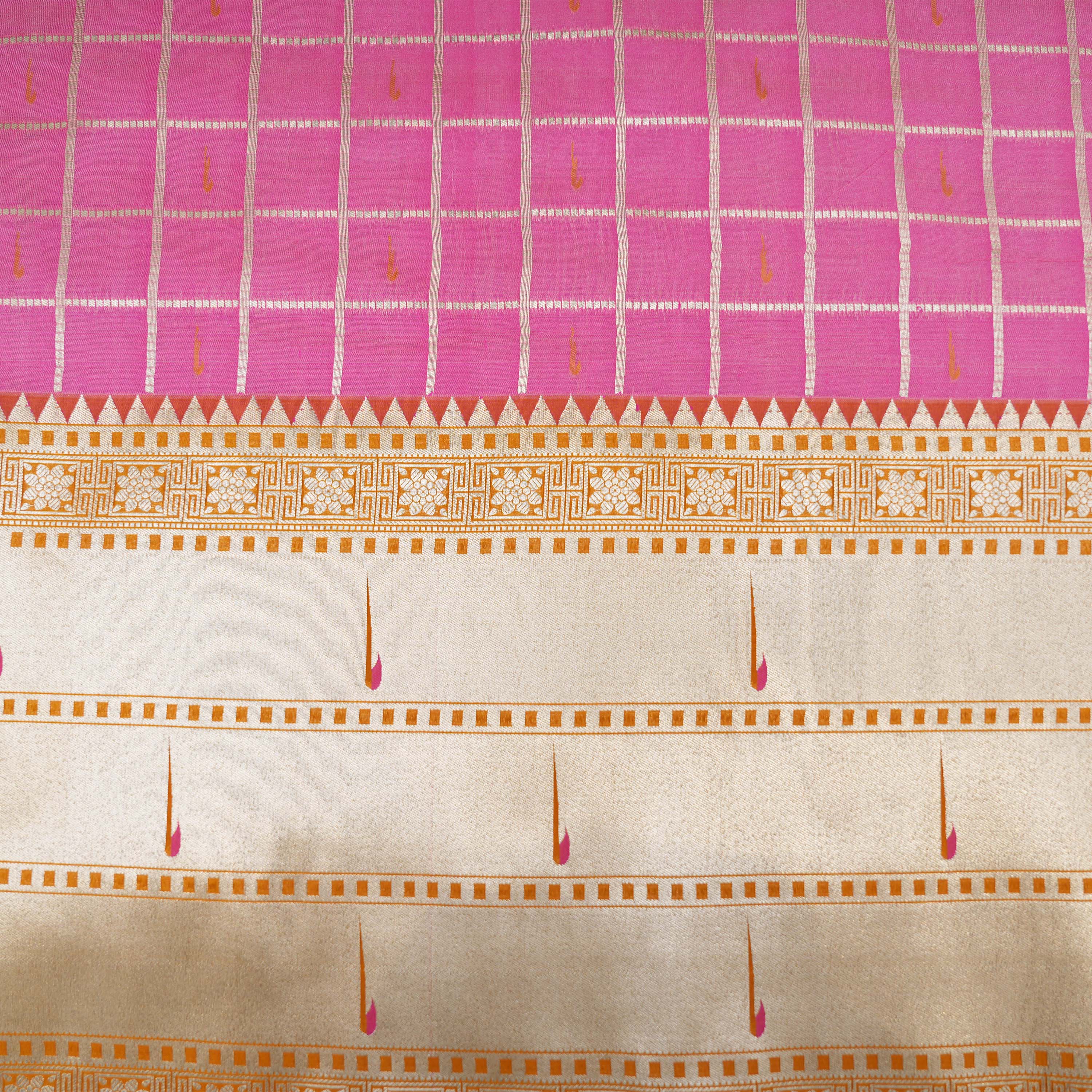 Hot Pink With Paithani Muniya Border On Jamawar Silk Fabric