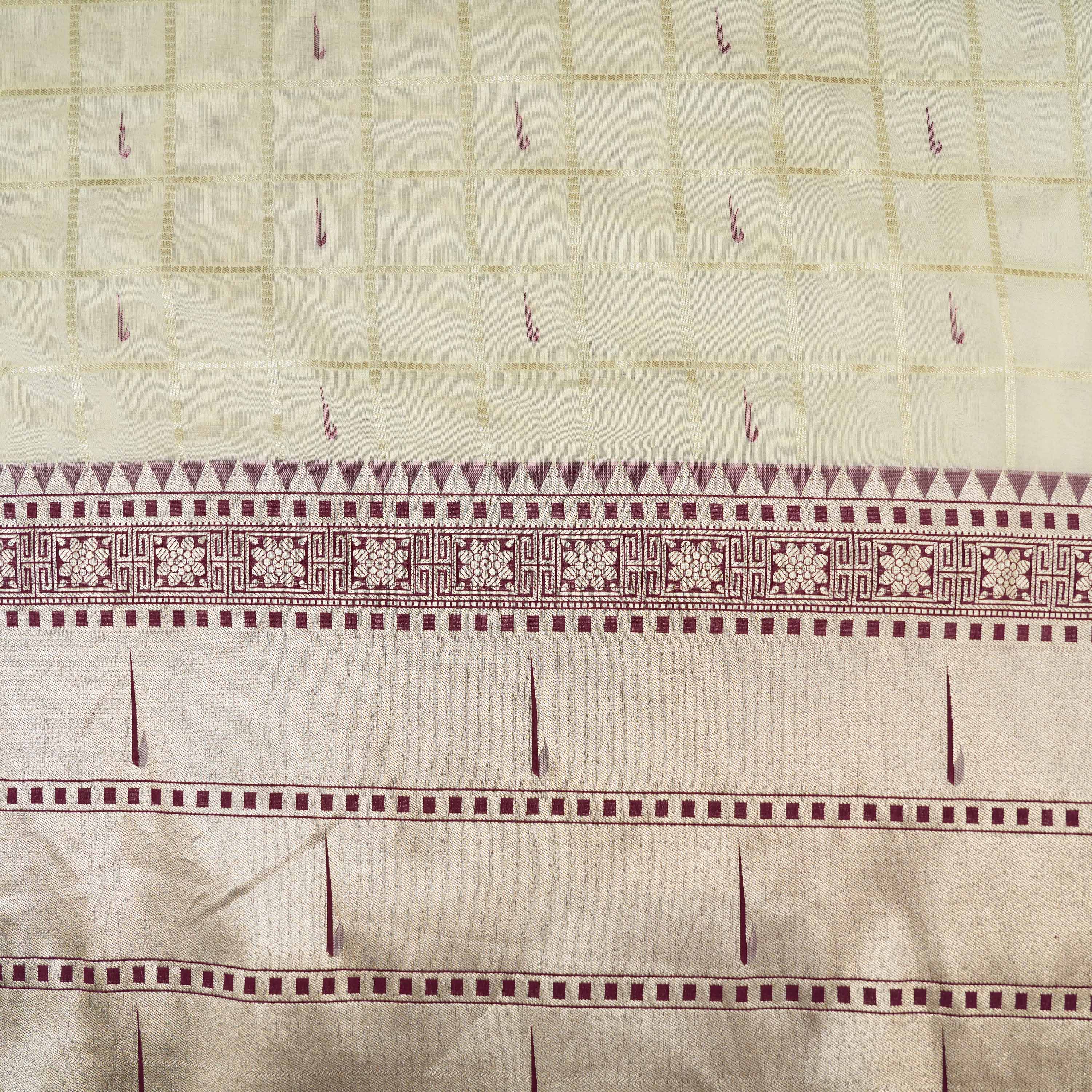 Cream White With Paithani Muniya Border On Jamawar Silk Fabric