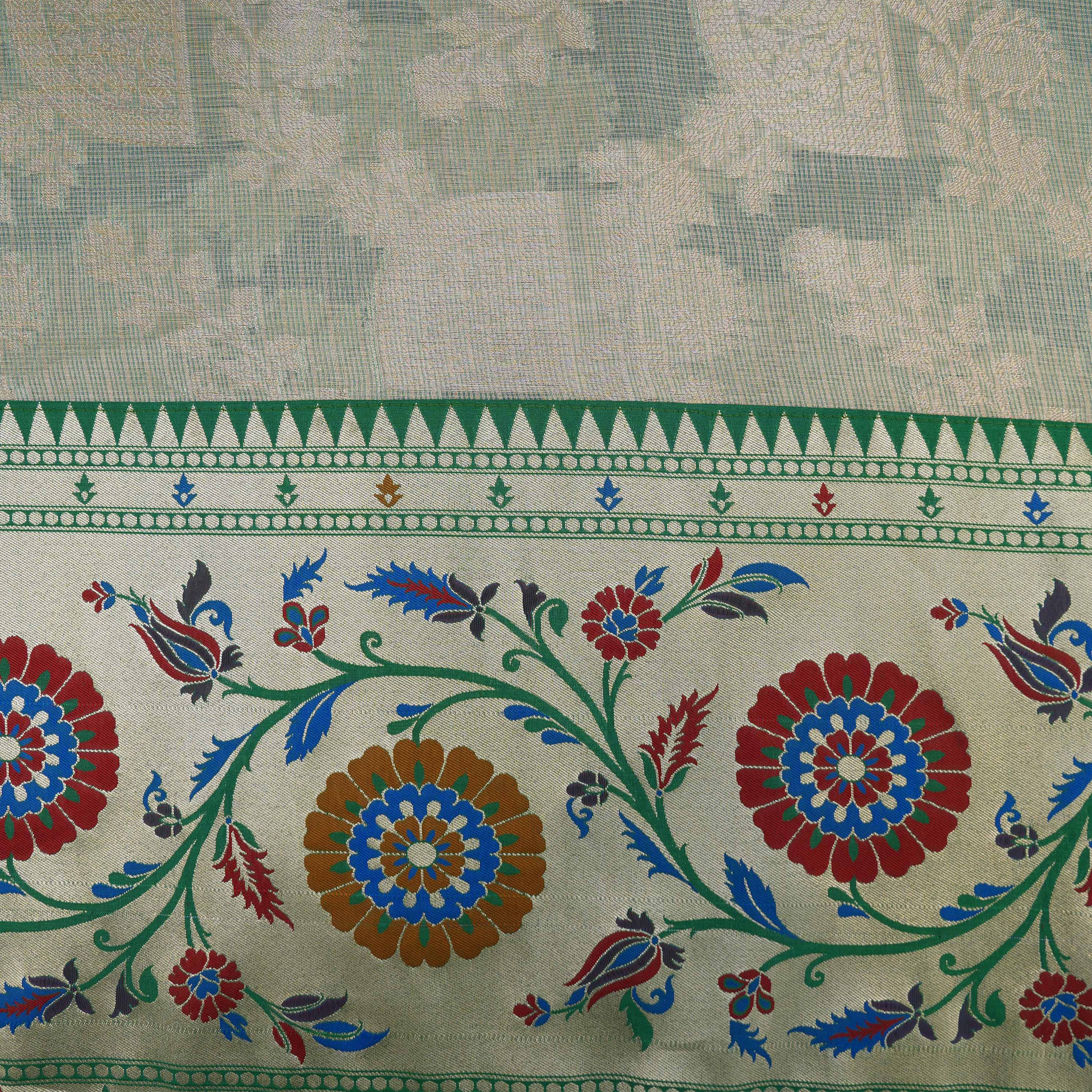 Grayish Green Colorful Floral Jaal Border On Tissue Fabric