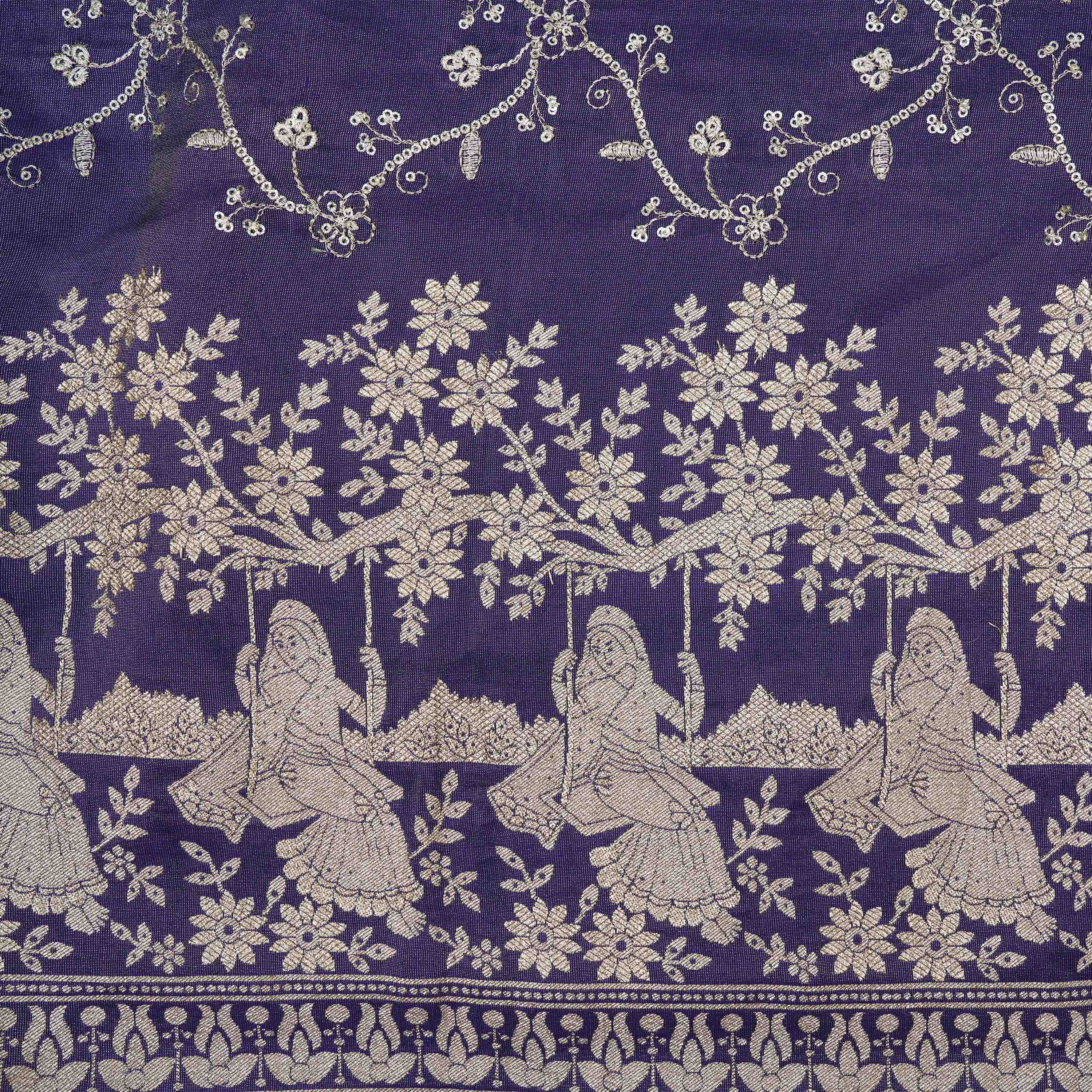 Rhino Purple Floral Zari Embroidered Tissue Fabric
