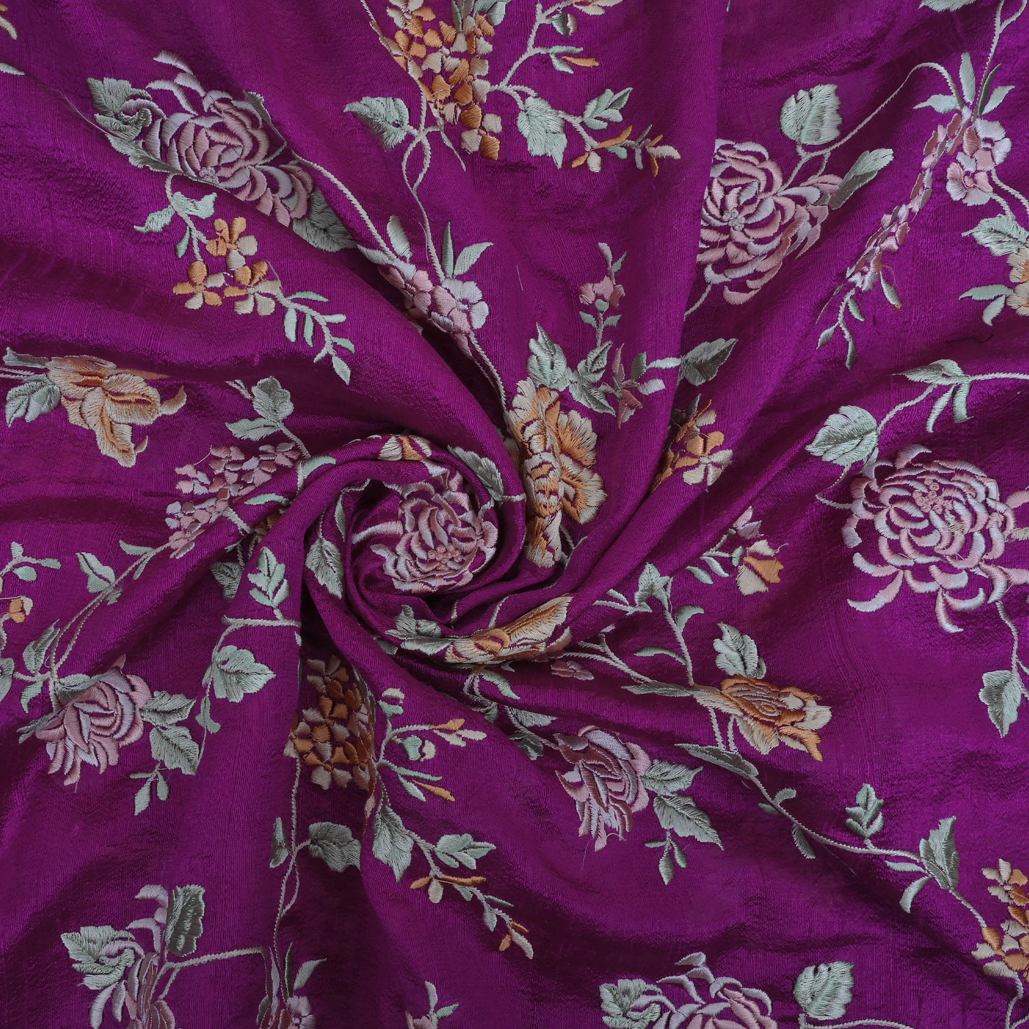 Dark Magenta Embroidered Raw Silk Fabric