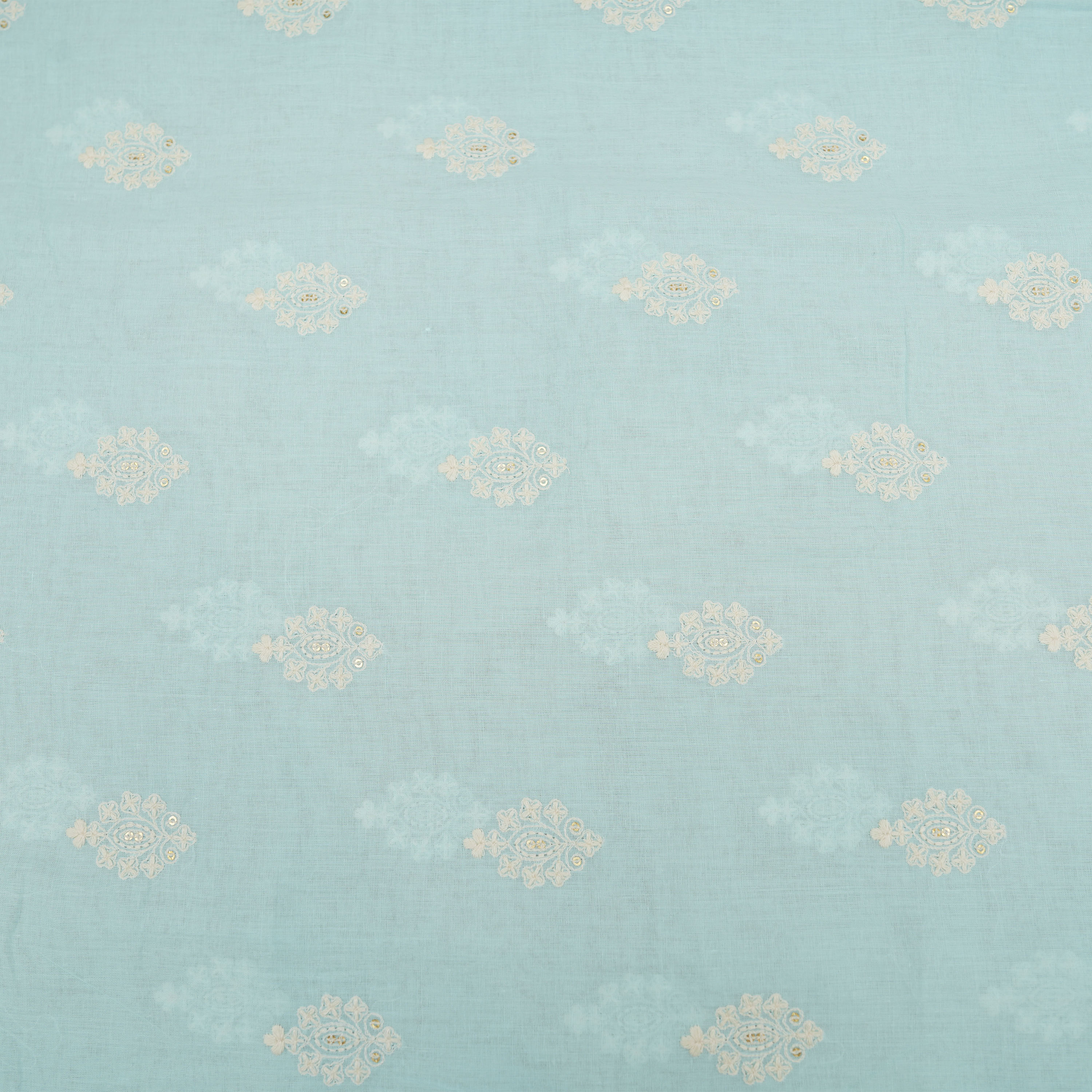 Powder Blue Floral Embroidery Threadwork On Cotton Fabric