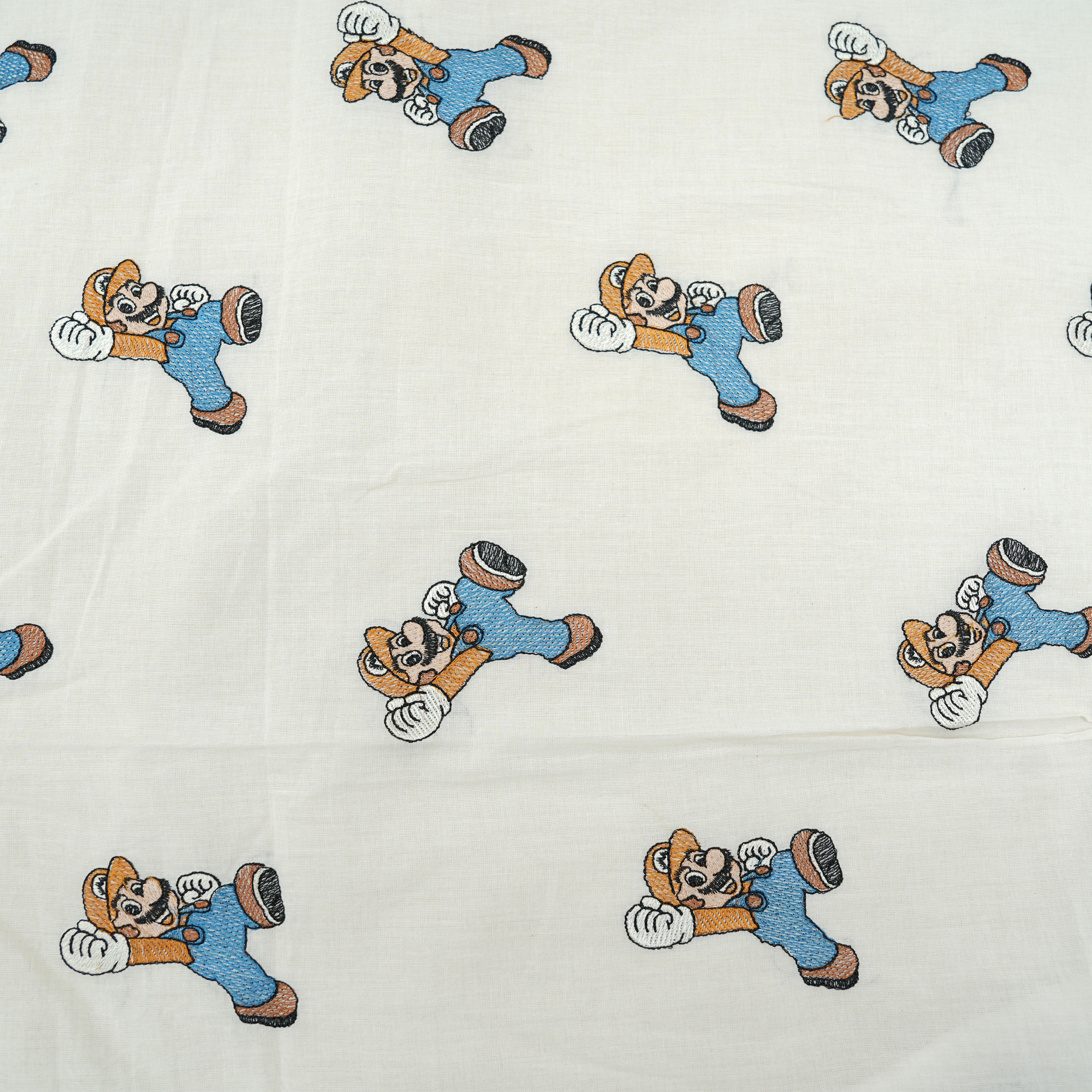 Cream White Mario Figure Embroidered Cotton Fabric