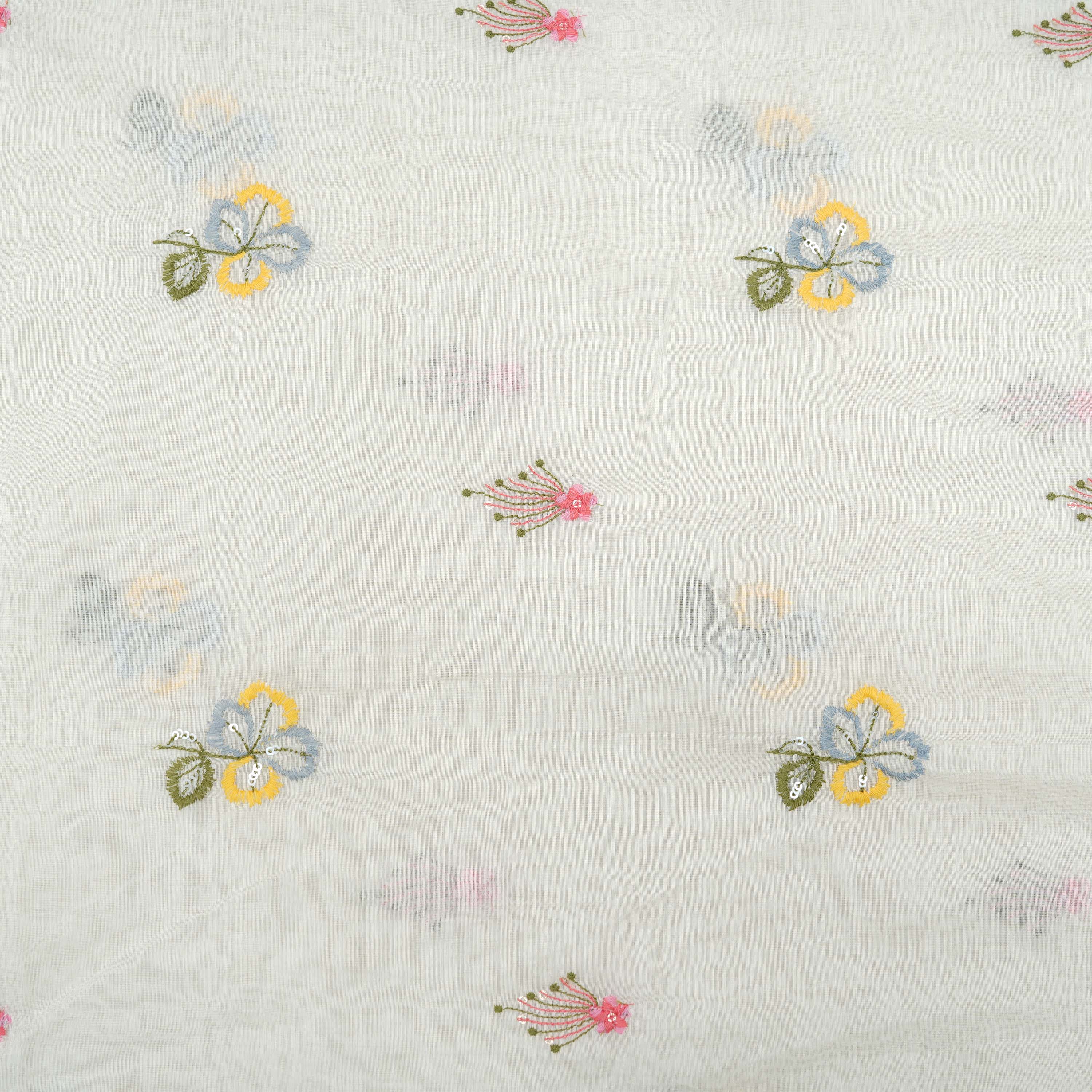Smoke White Multicolor Floral Embroidered Cotton Fabric