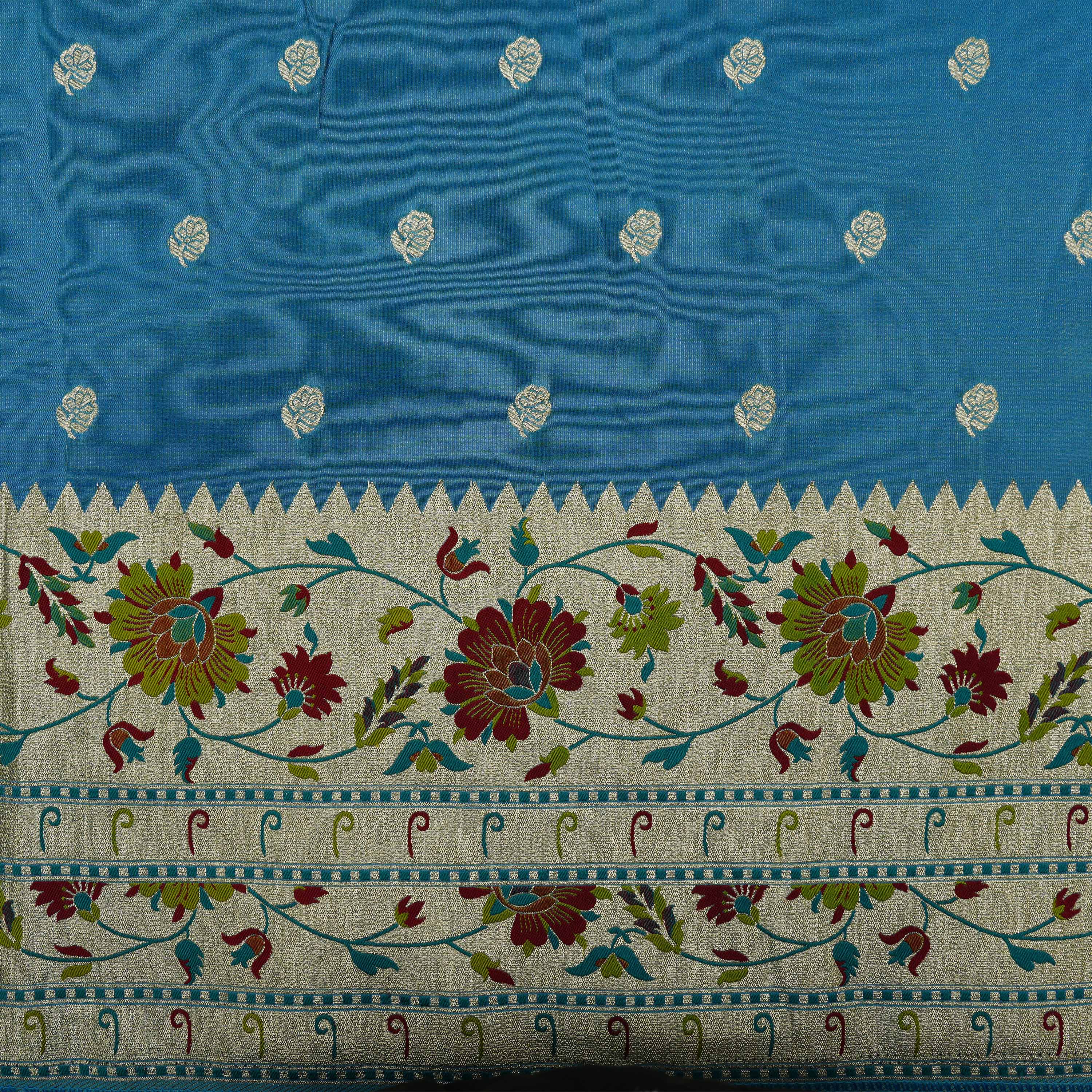 Deep Aqua Floral Buttis With Floral Jaal Border Tissue Fabric