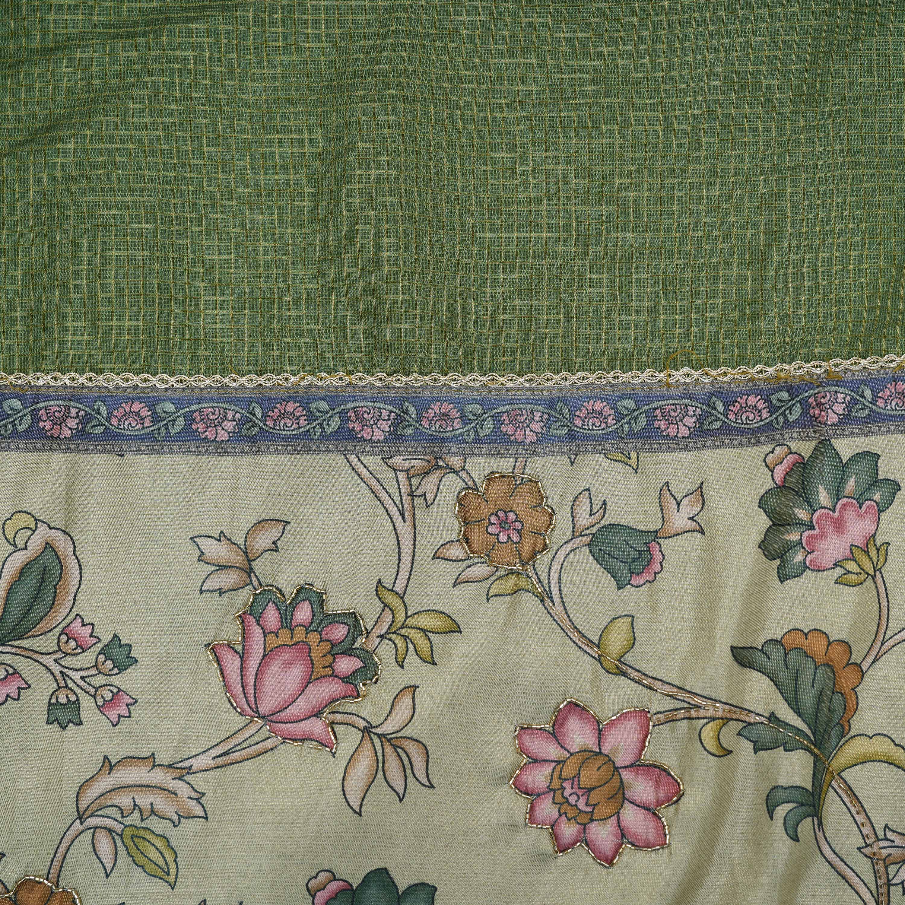 Hazel Green Checks And Kalamkari Contrast Border Kota Fabric