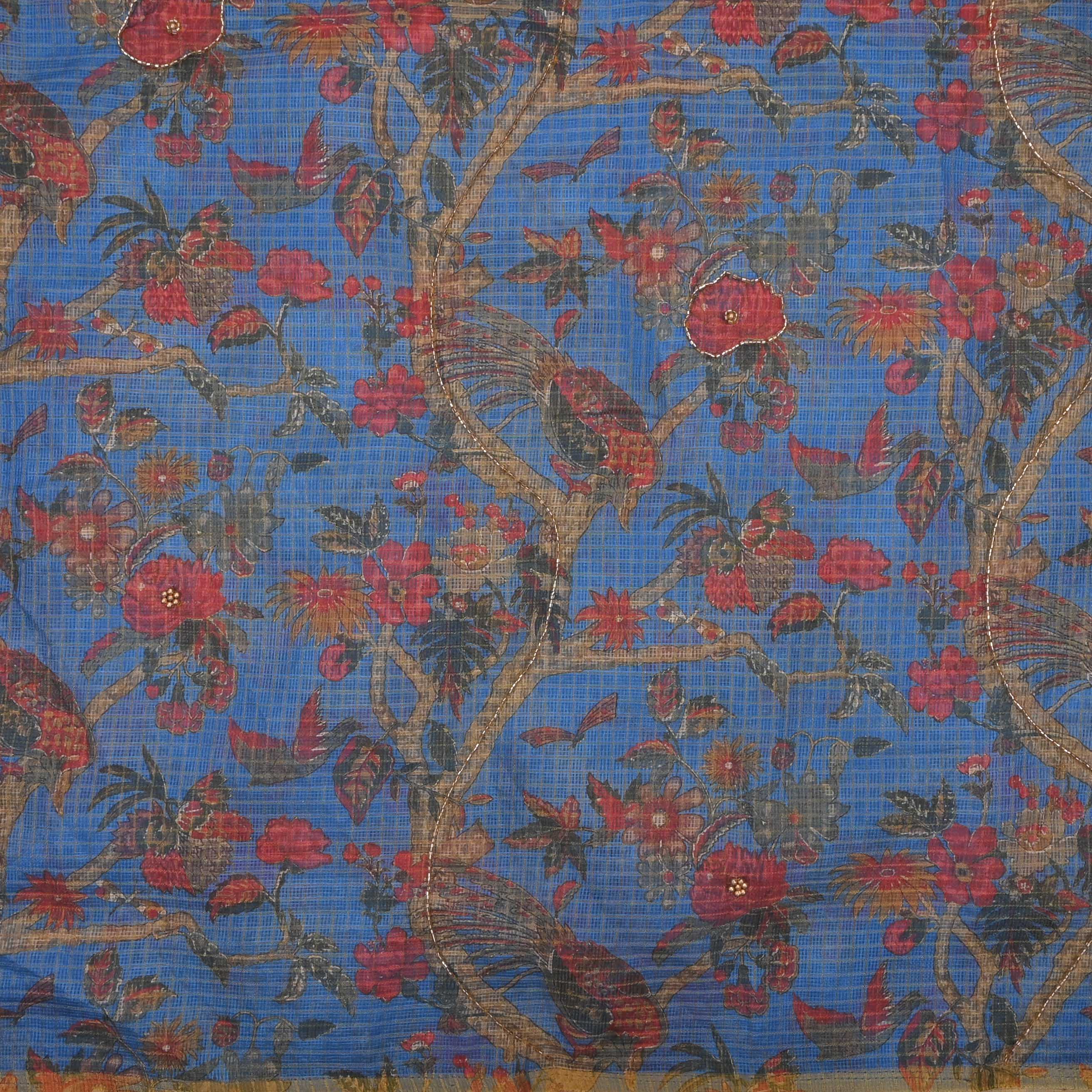 Dell Blue Printed Kota Fabric With Embroidery