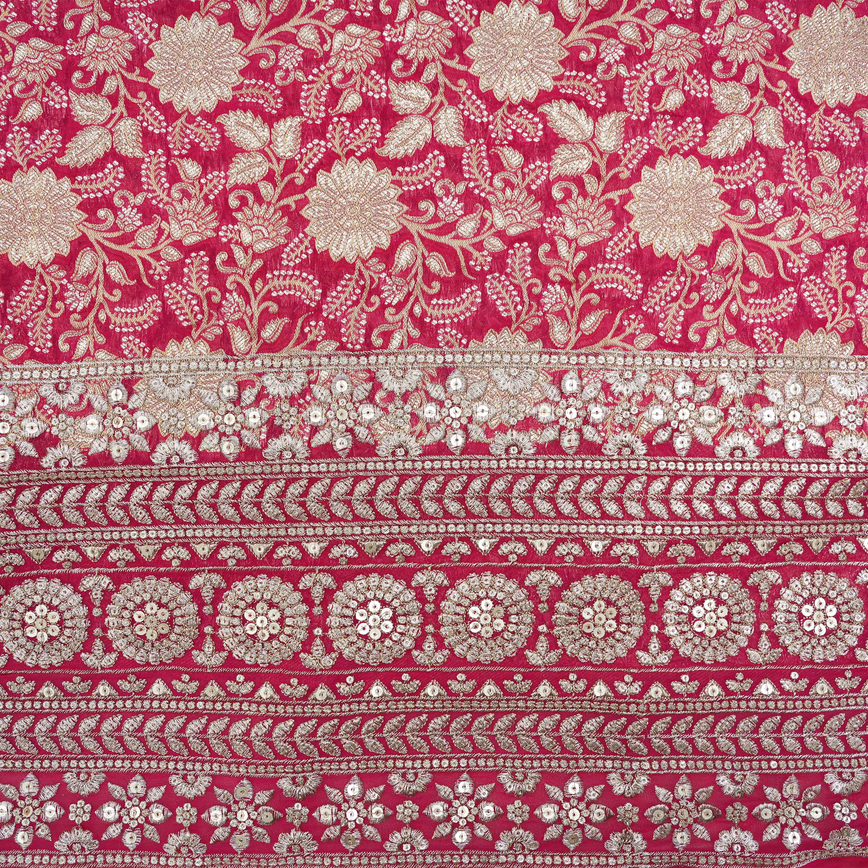 Deep Carmine Pink Floral And Sequins Embroidered Georgette Fabric