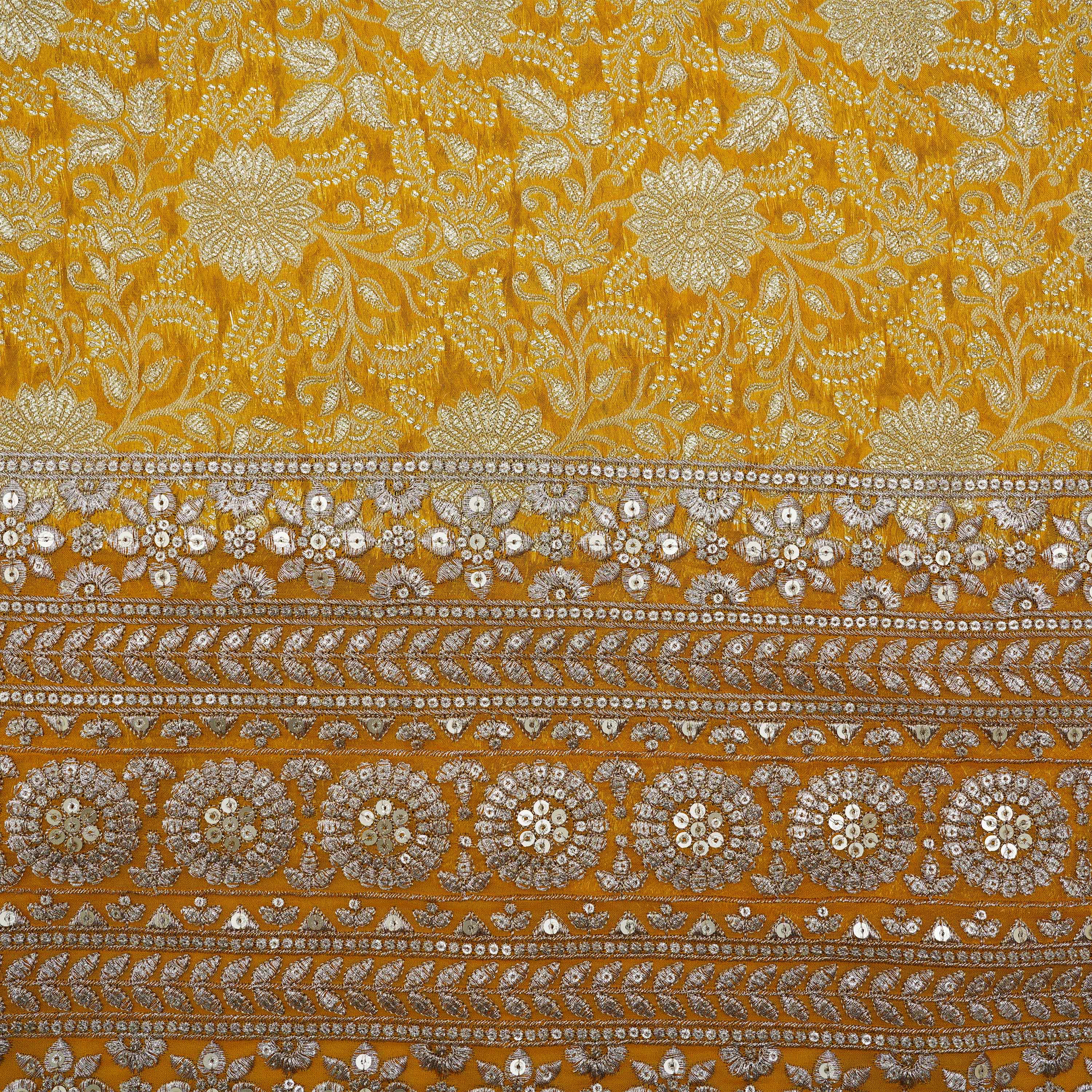 Indochine Orange Floral And Sequins Embroidered Georgette Fabric