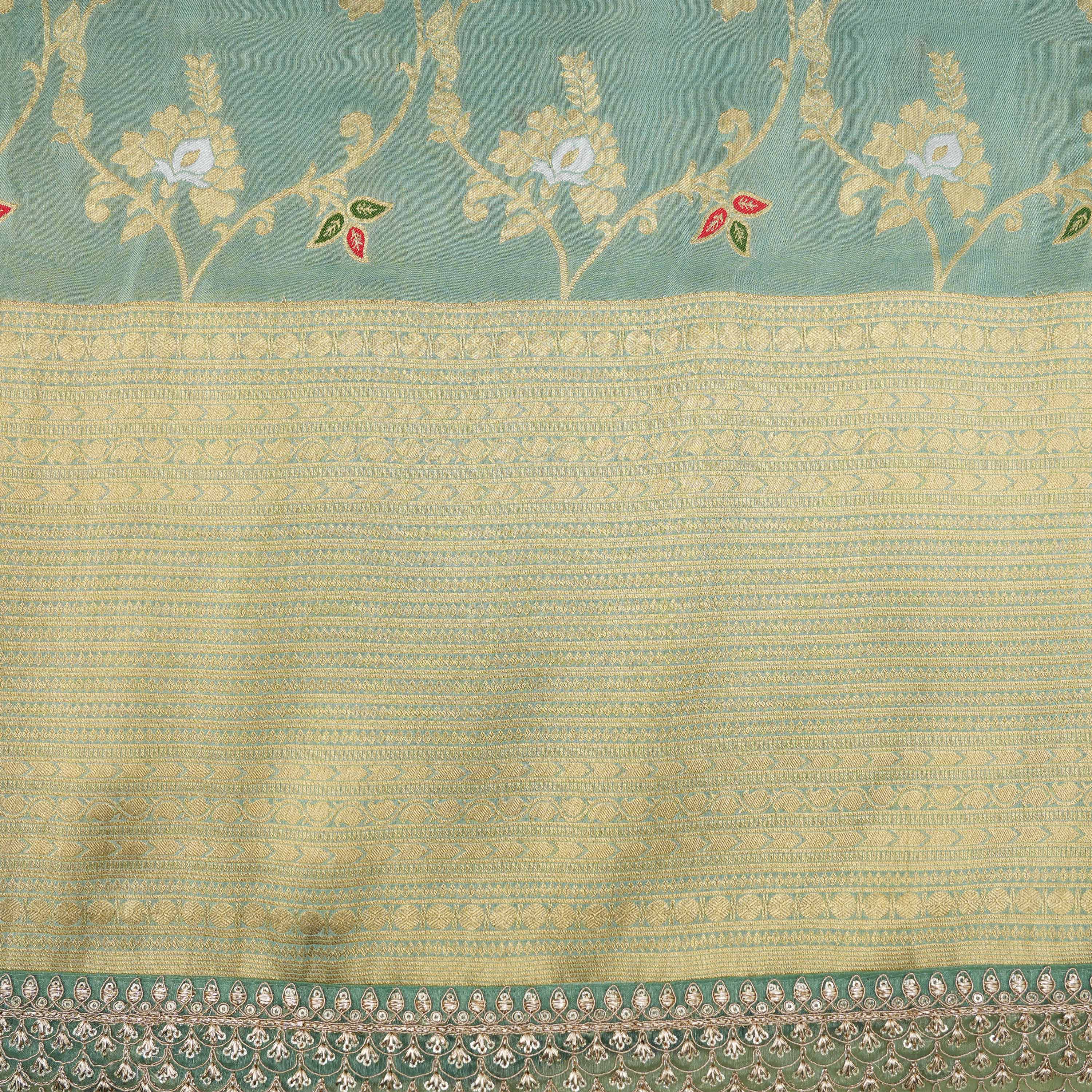 Greenish Cyan Intricate Floral Banarasi Tissue Fabric