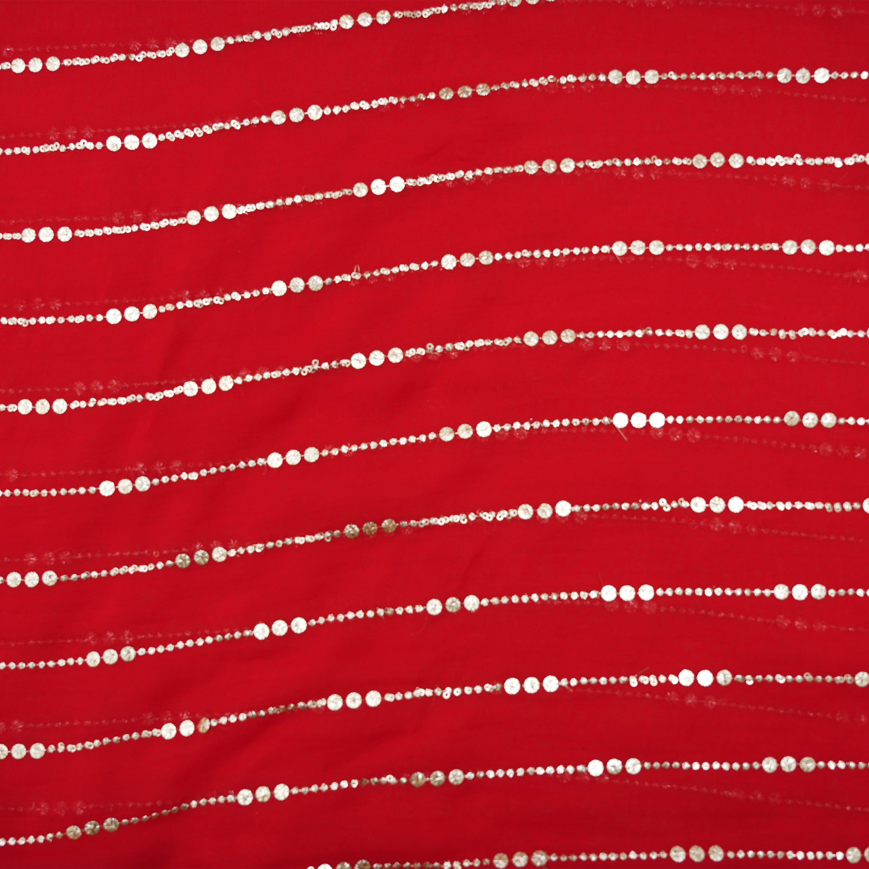 Crimson Red Mirror Zari Embroidered Organza Fabric