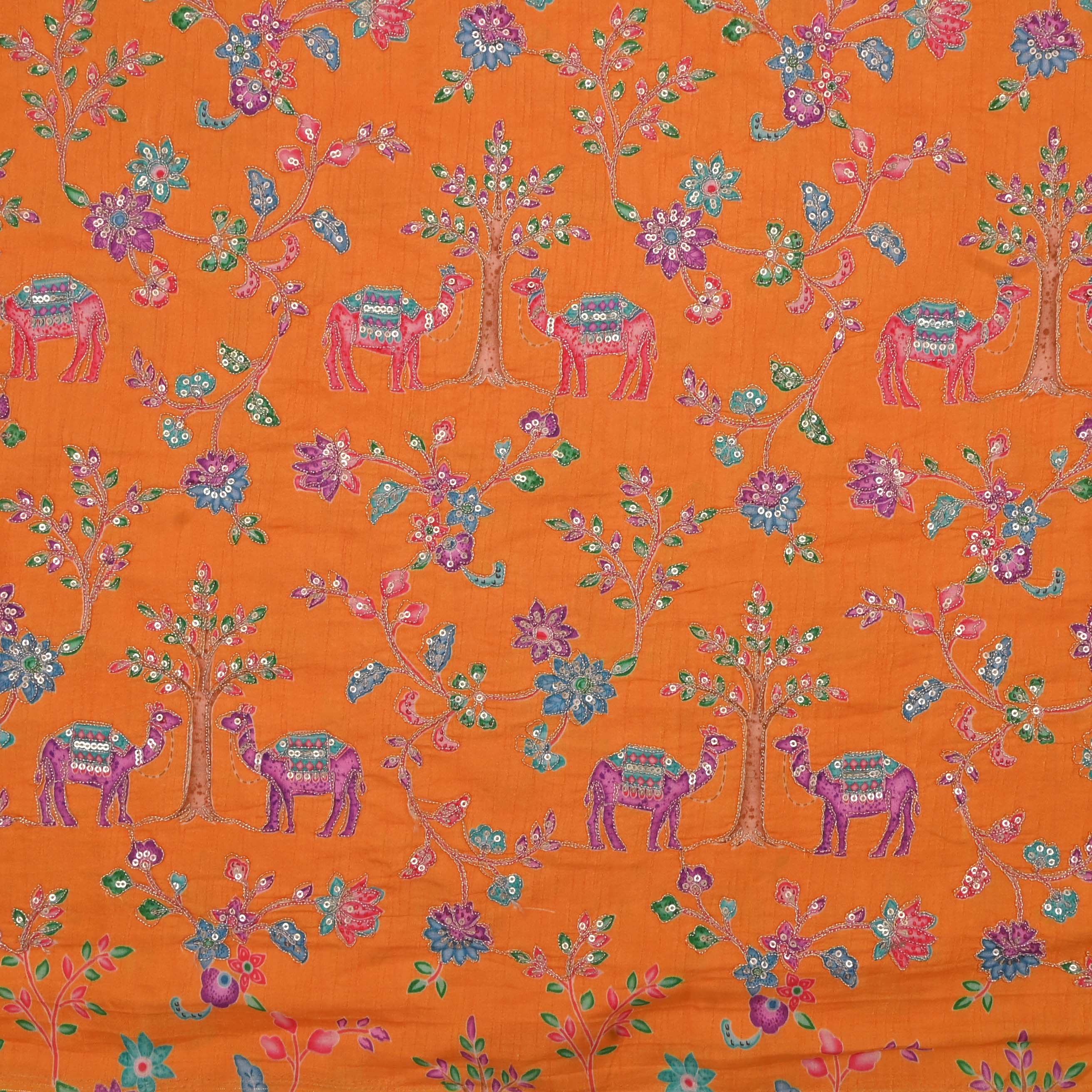 Dark Orange Silk Embroidery Jaal Fabric