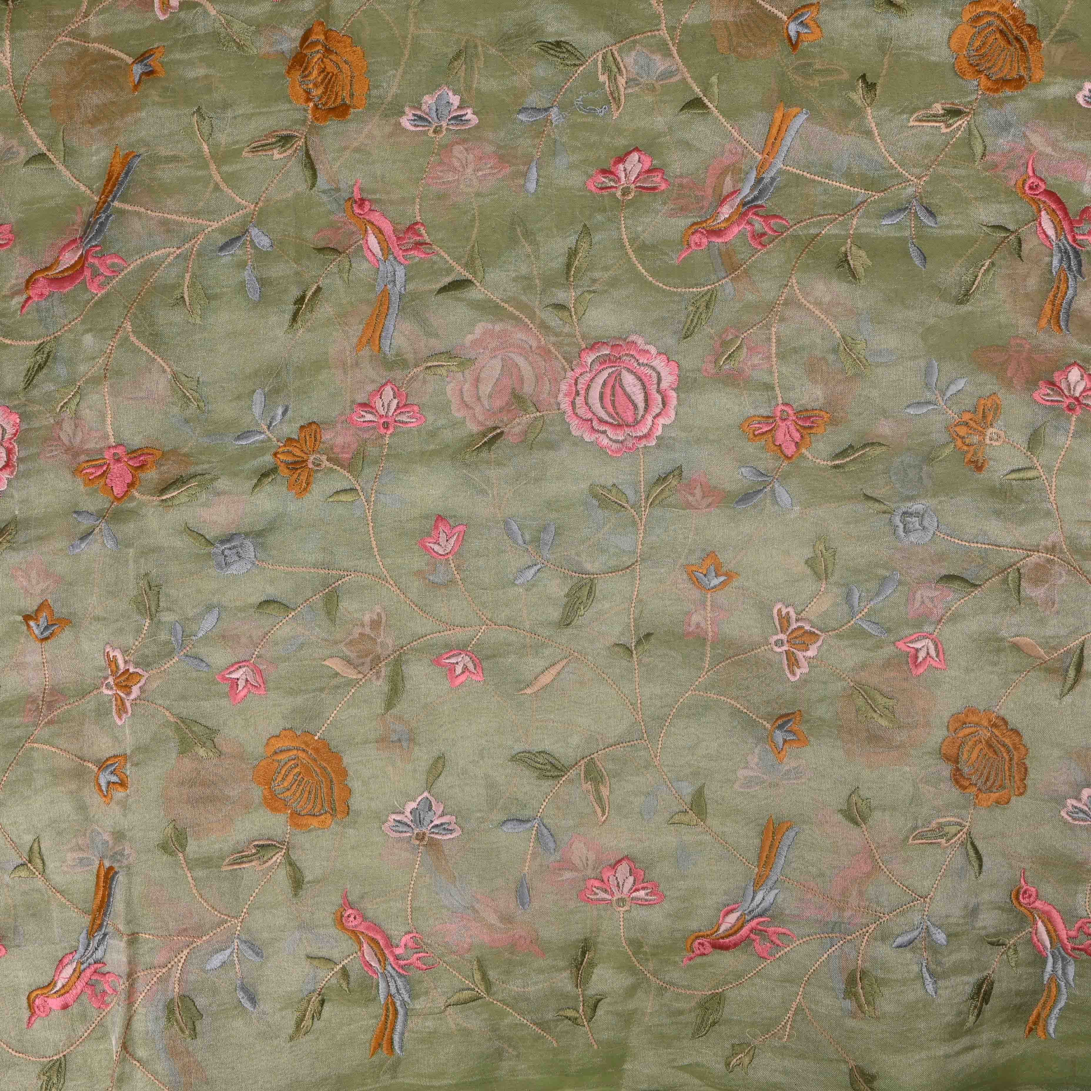 Swamp Green Tissue Embroidery Jaal Fabric