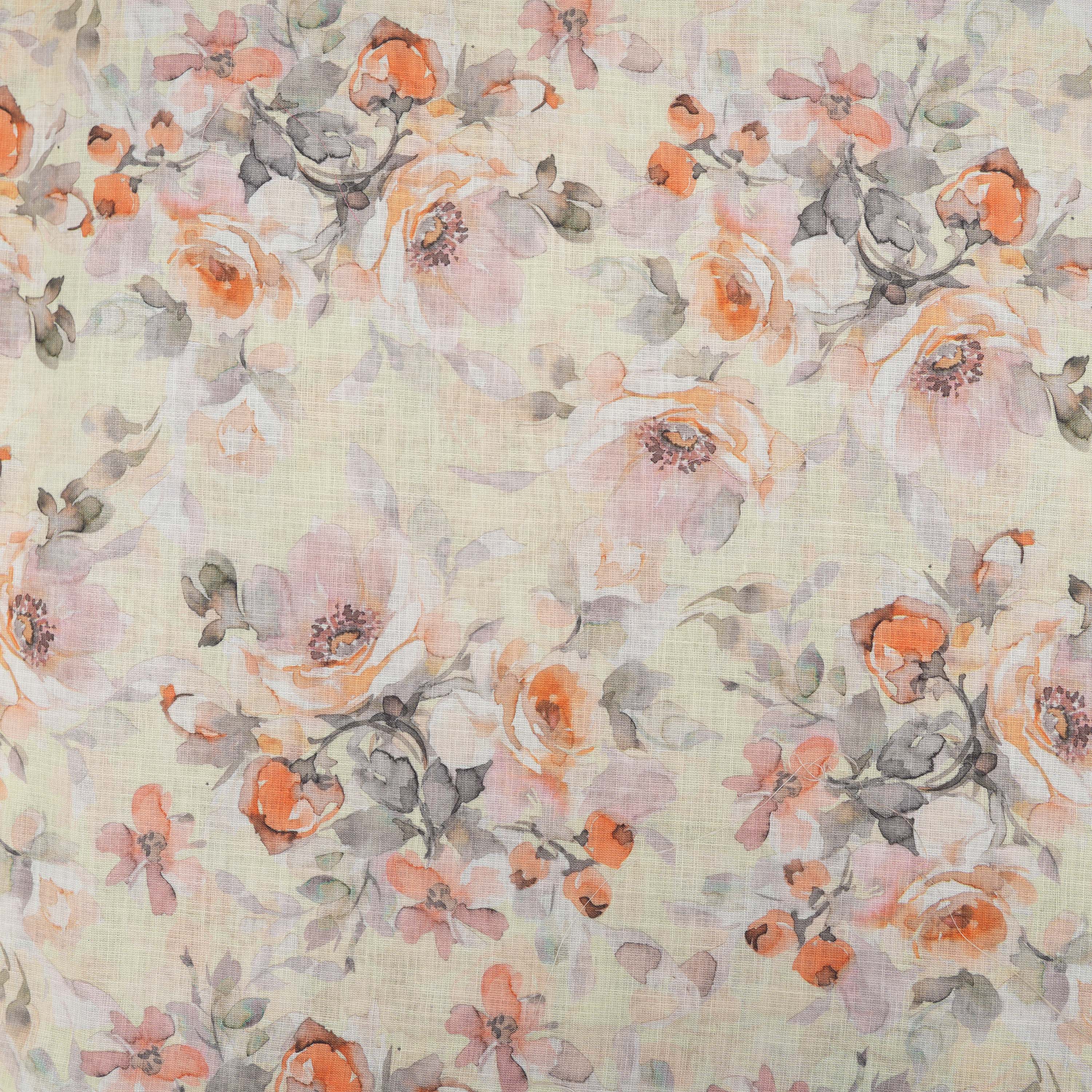 Creme White Floral Printed Linen Fabric