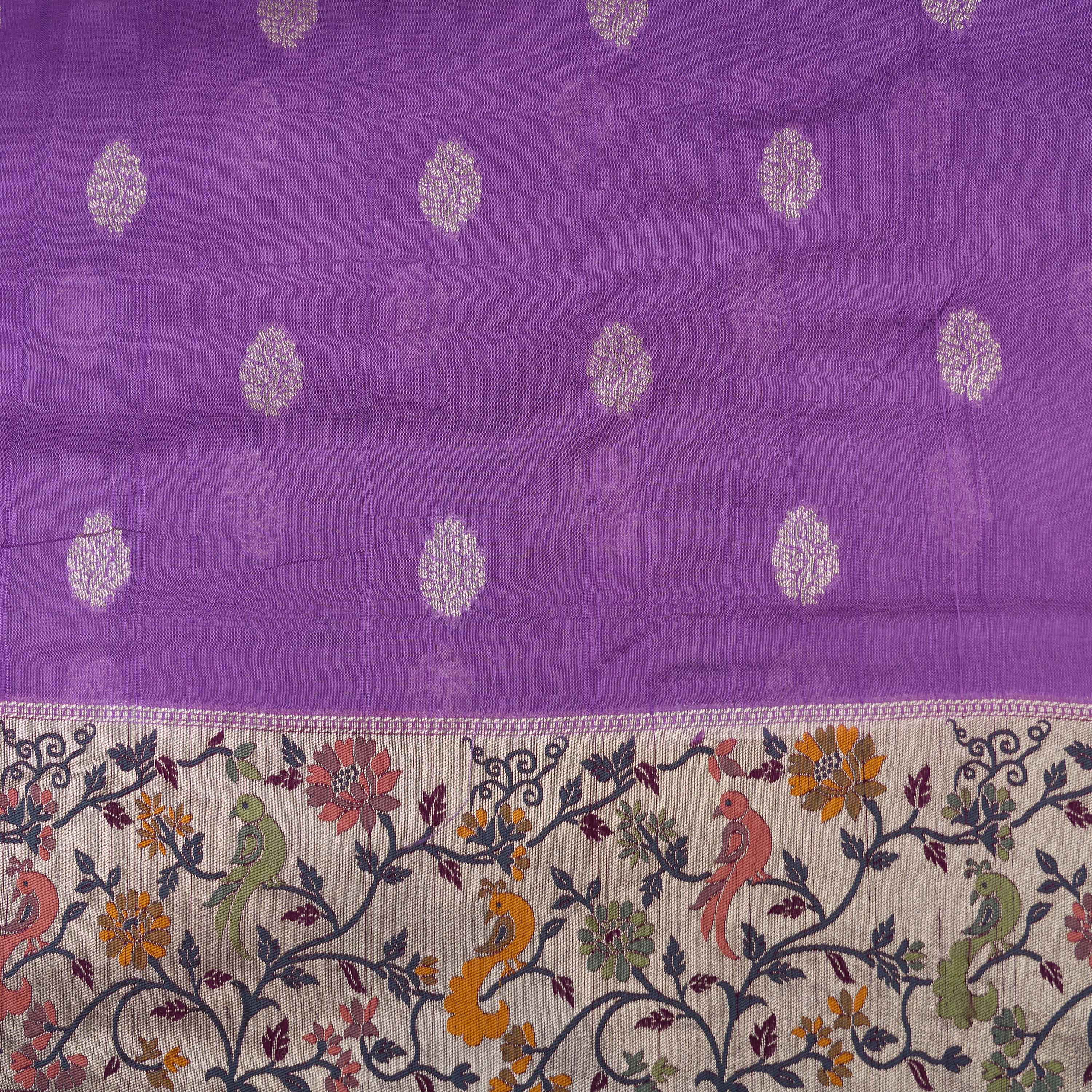 Pale Purple Kili And Floral Contrast Border Raw Silk Fabric