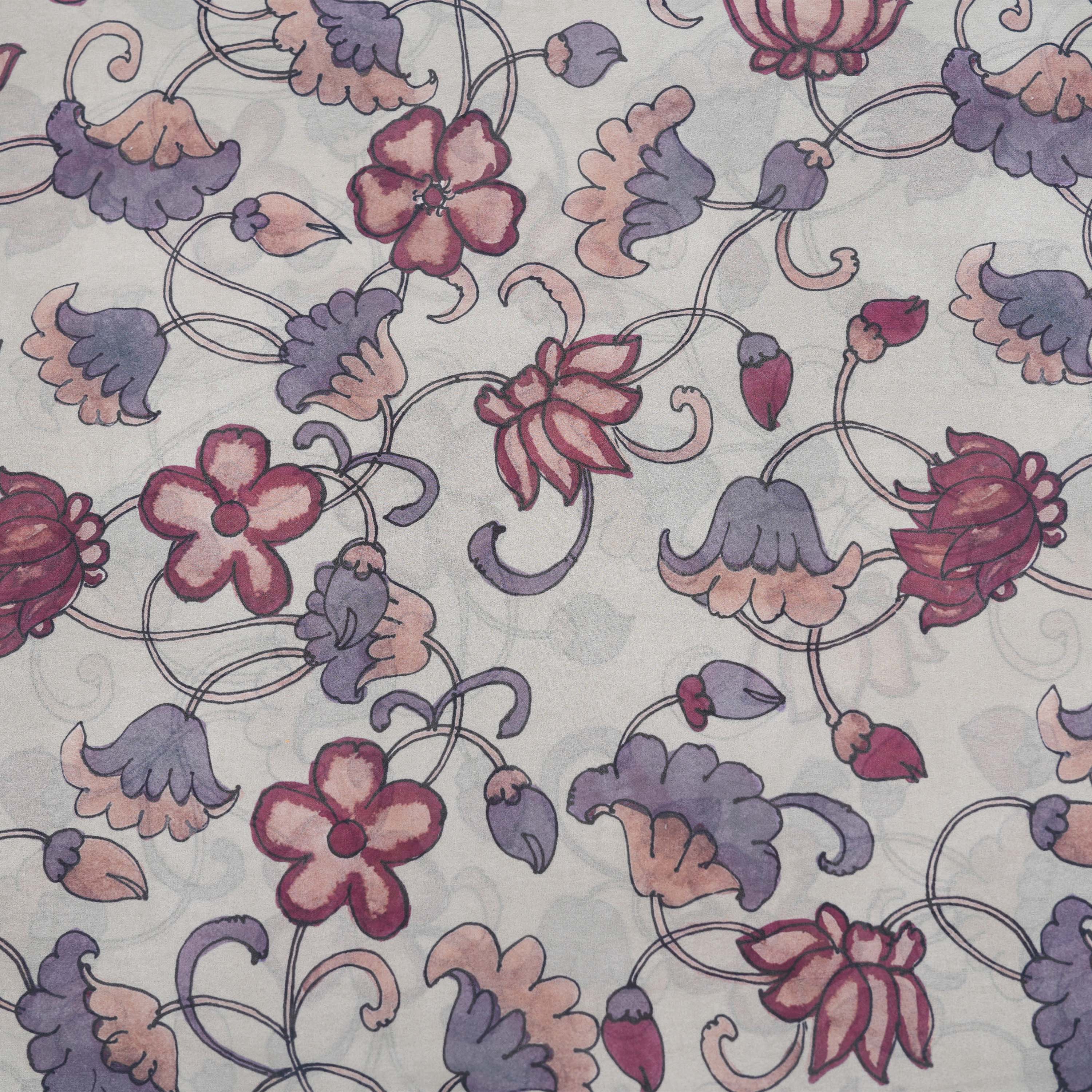 Metallic Silver Floral Jaal Printed Silk Fabric